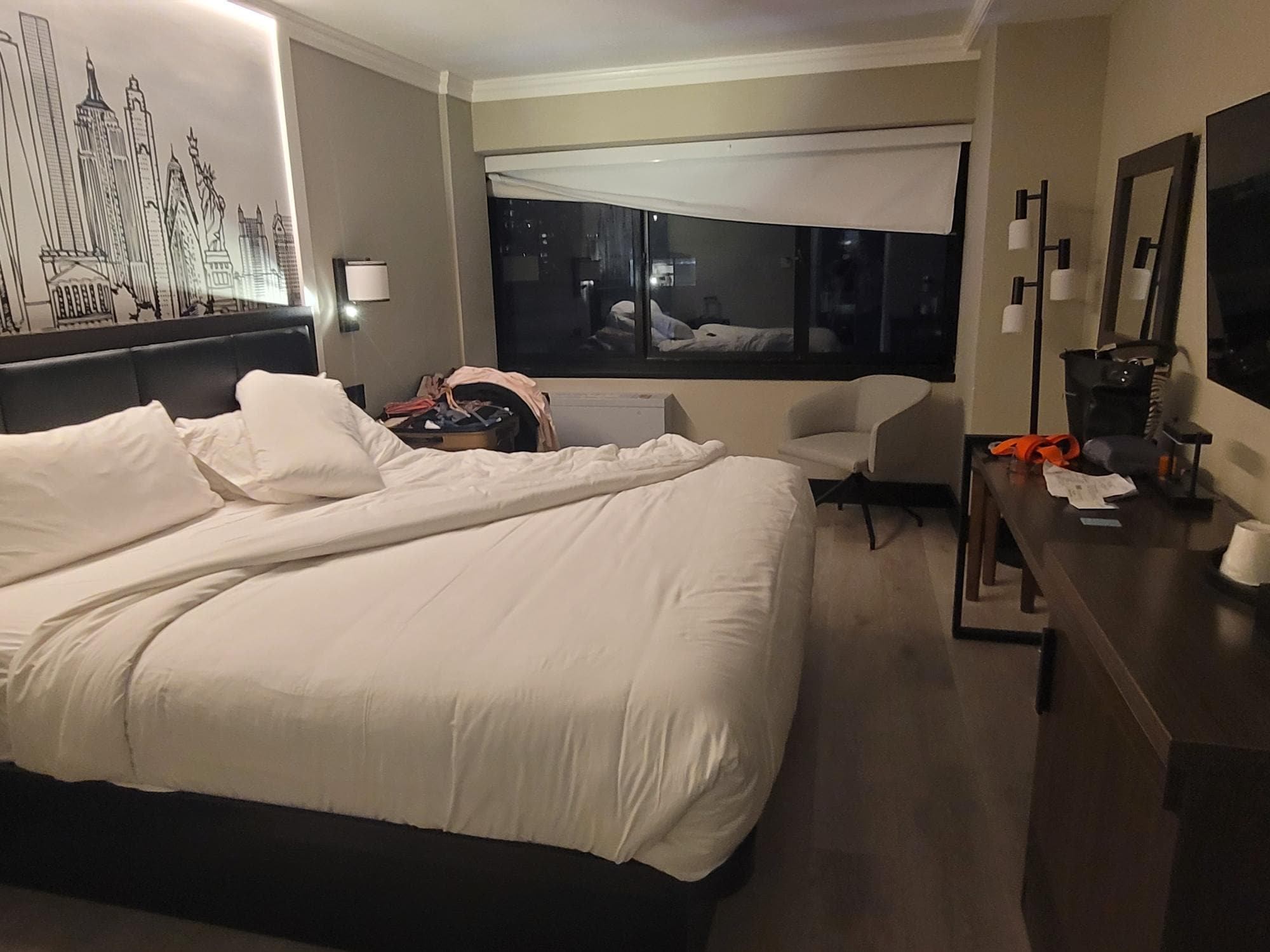 One chair in the room...no place to sit and talk (2 people). Floors dirty.