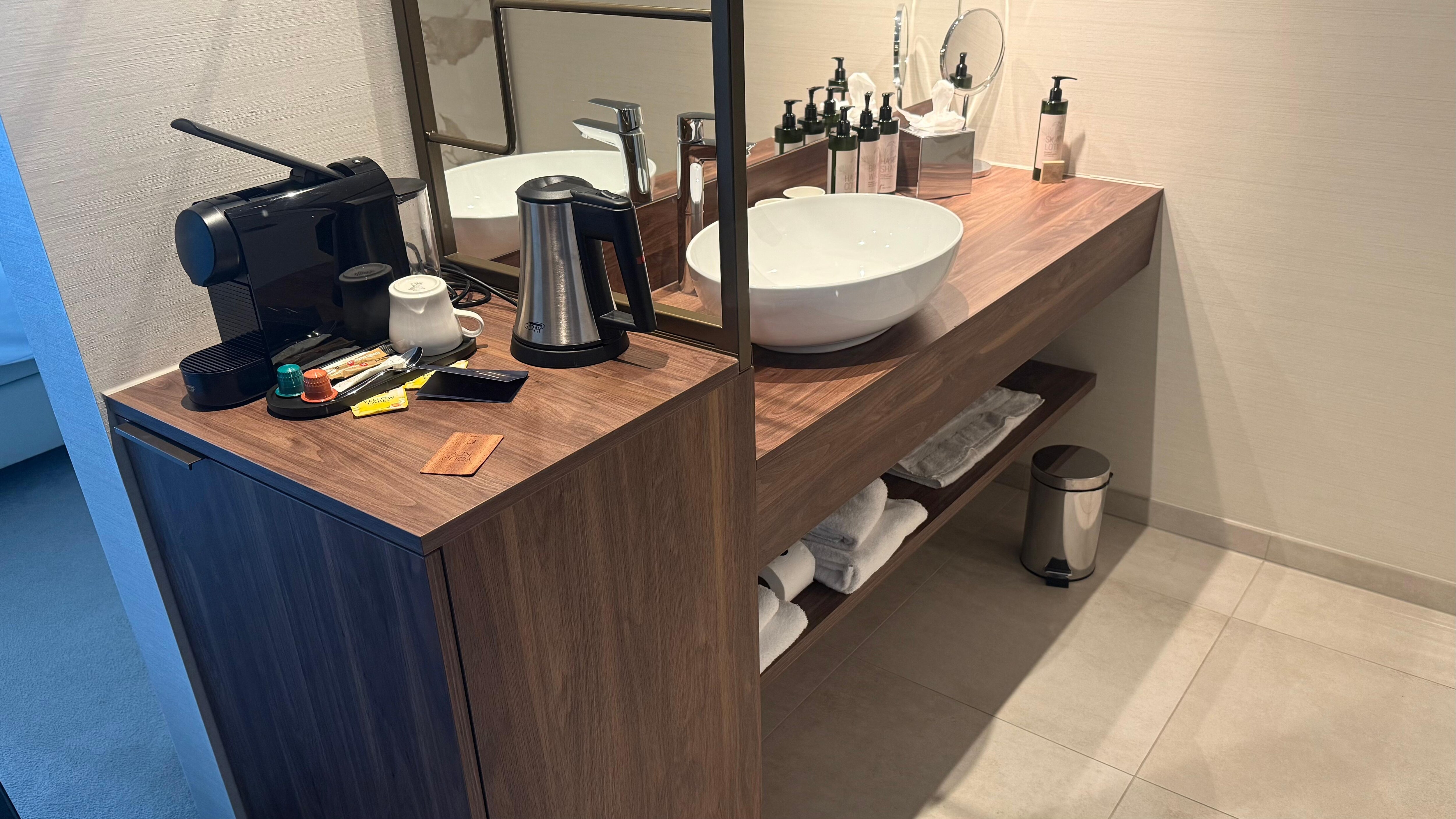 Mini fridge and a safe along with a coffee maker…