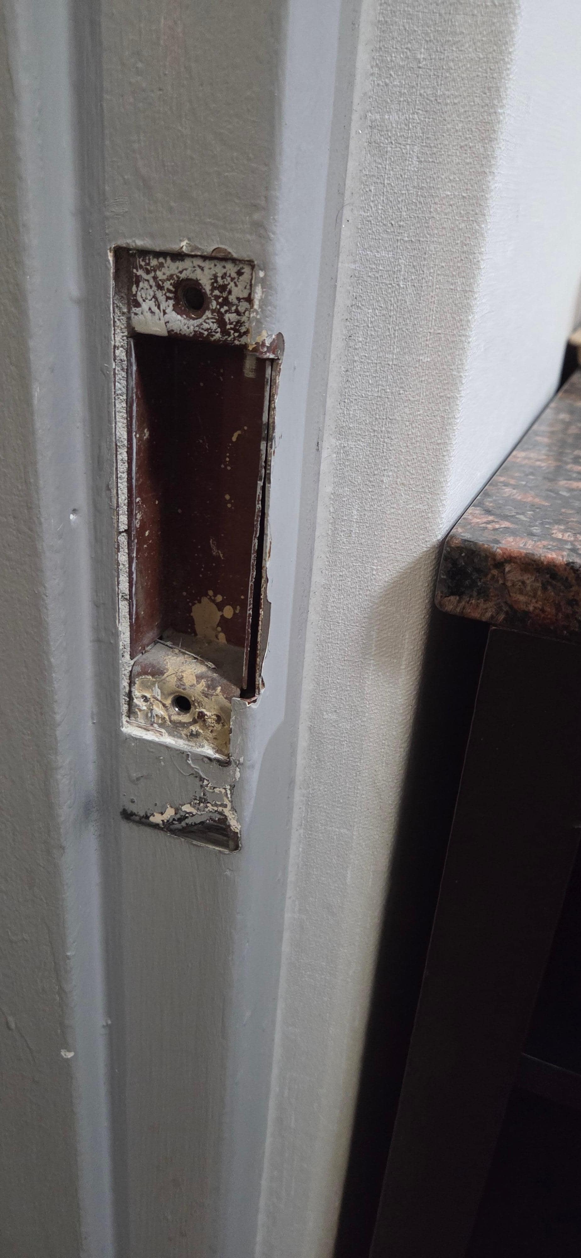 Door was barely secure, as the main plate is missing. Also the shower fixtures were in need of repair as well.