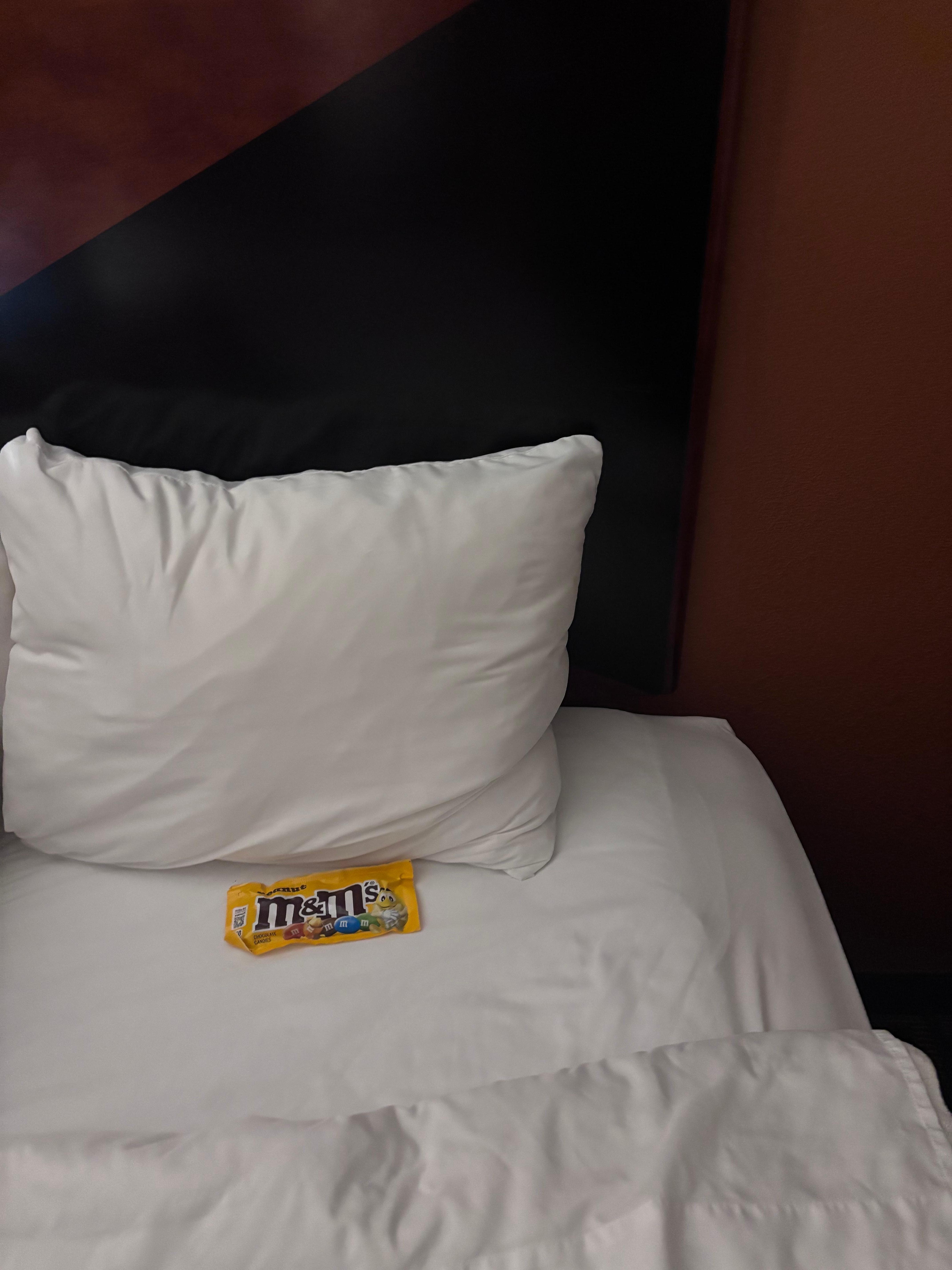 Peanut M&Ms candy under the pillow, was NOT ours! I’m ALLERGIC to peanuts. 