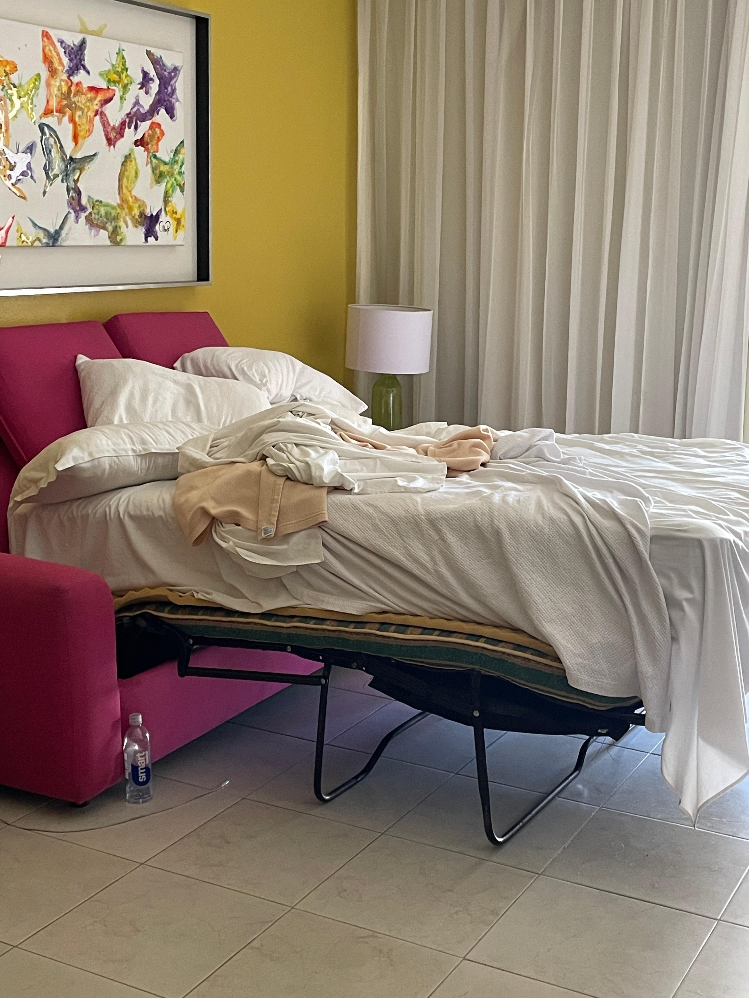 This is us adding a mattress to the pullout bed. The mattress on there was worn out and maybe 2 inches thick