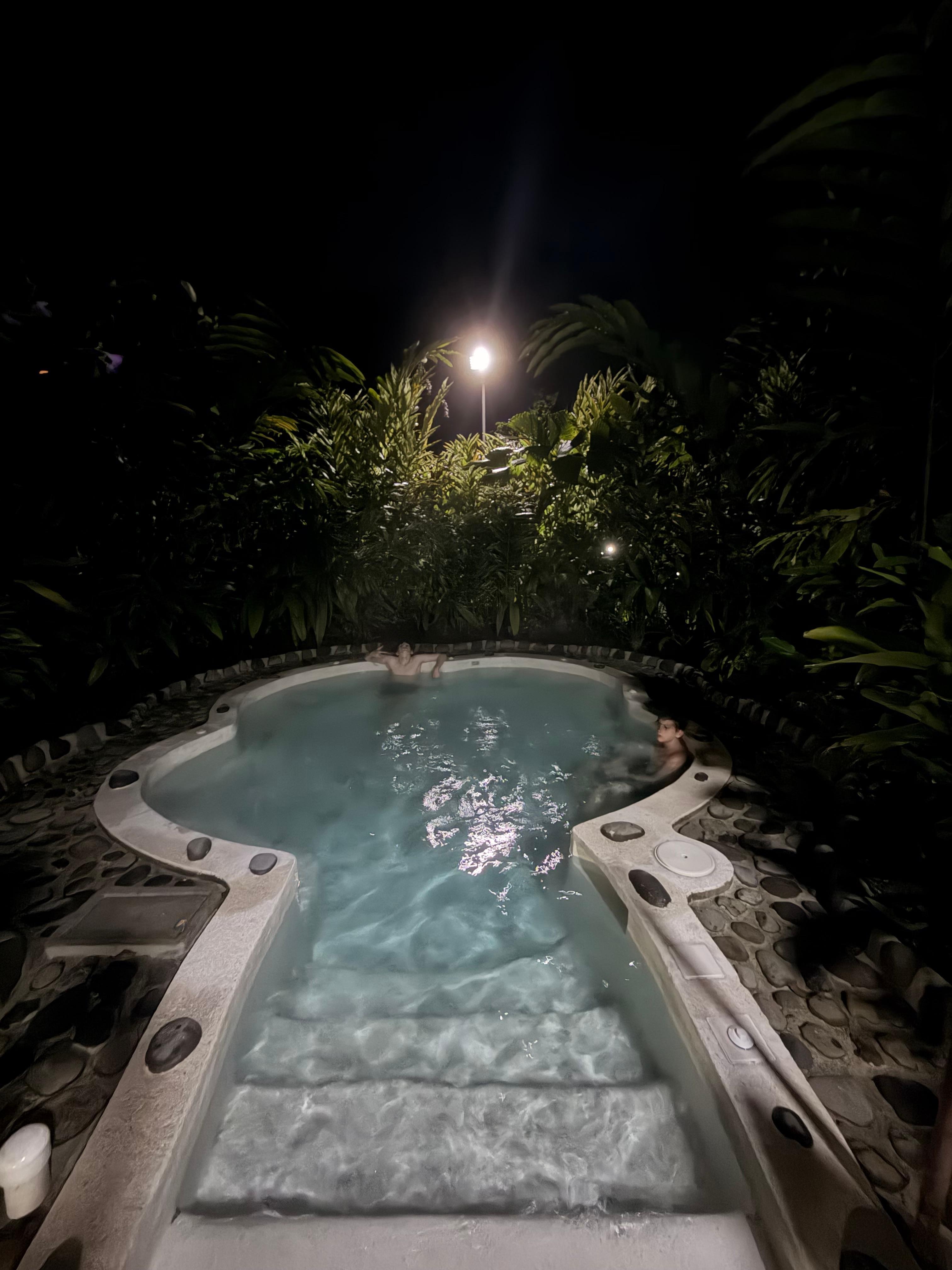 Hot tubs at night. 