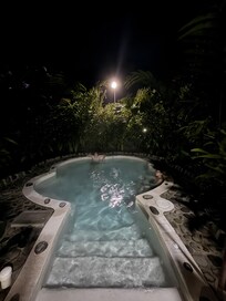 Hot tubs at night.