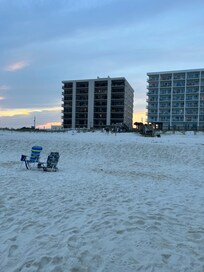 The sand is pretty looking back at the condos.