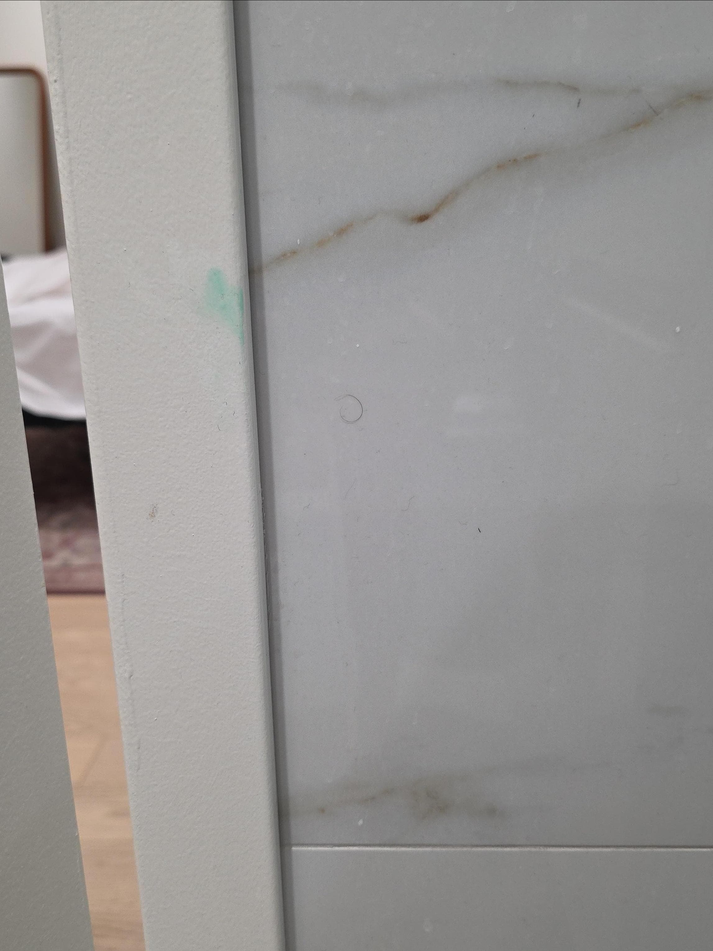 Toothpaste on the wall sauce on the door, and pubic hair on floor, in shower and on the toilet