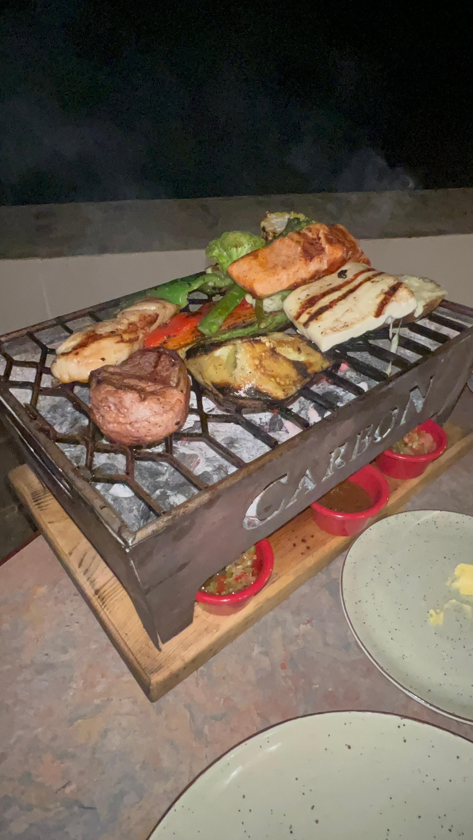 Delicious salmon and steak dinner