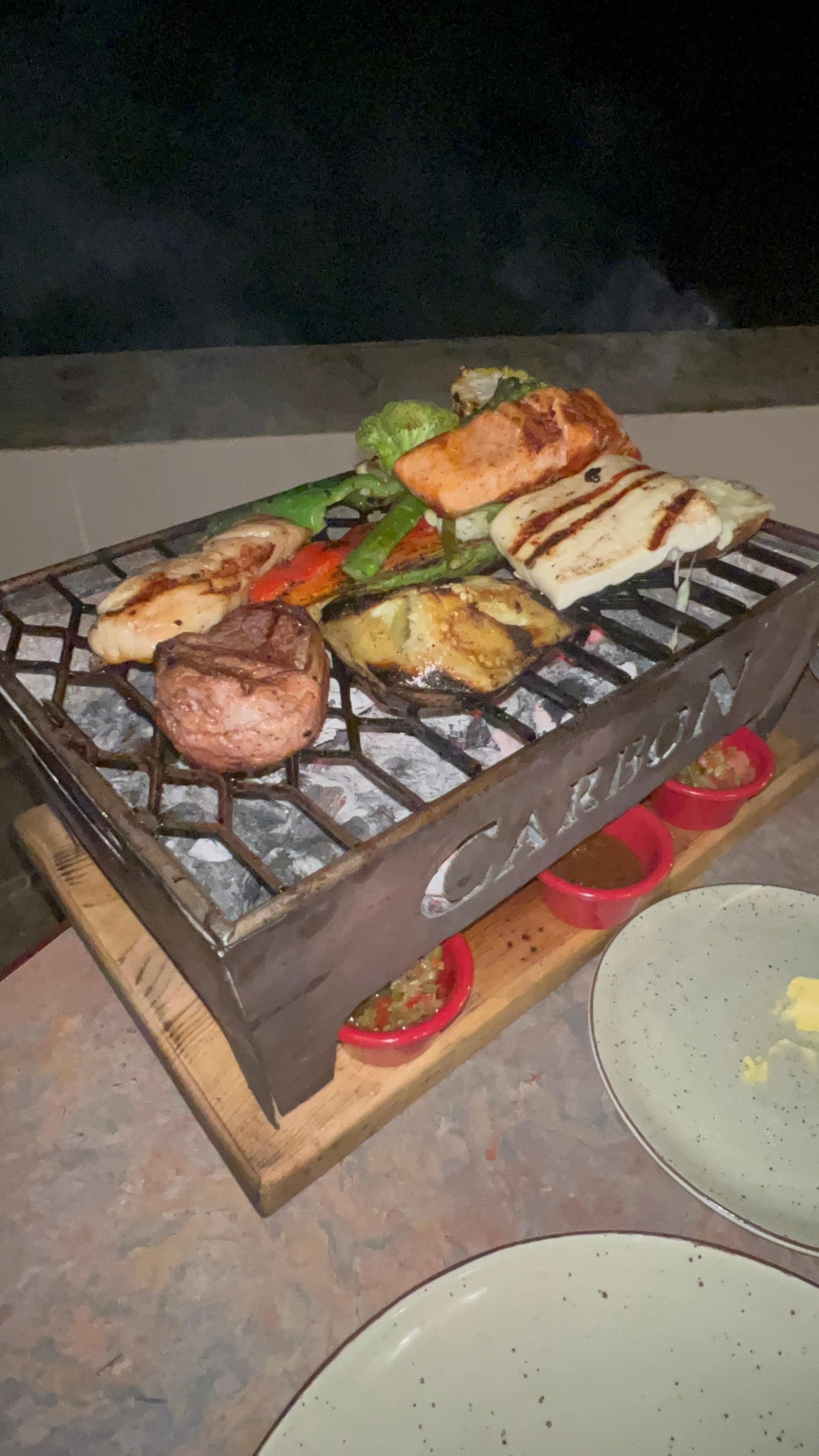 Delicious salmon and steak dinner