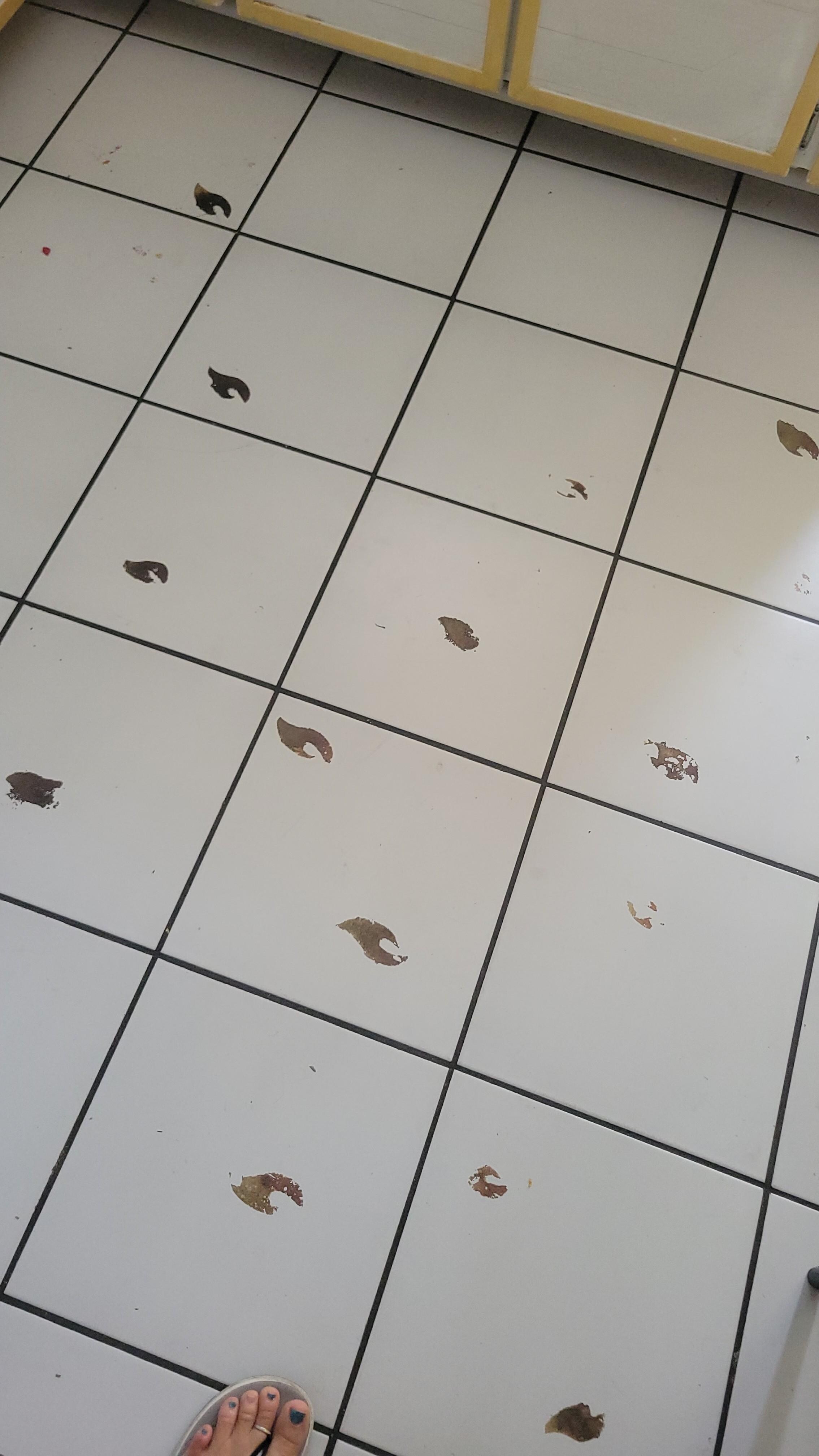 kitchen floor with the worn off stickers, looks super dirty