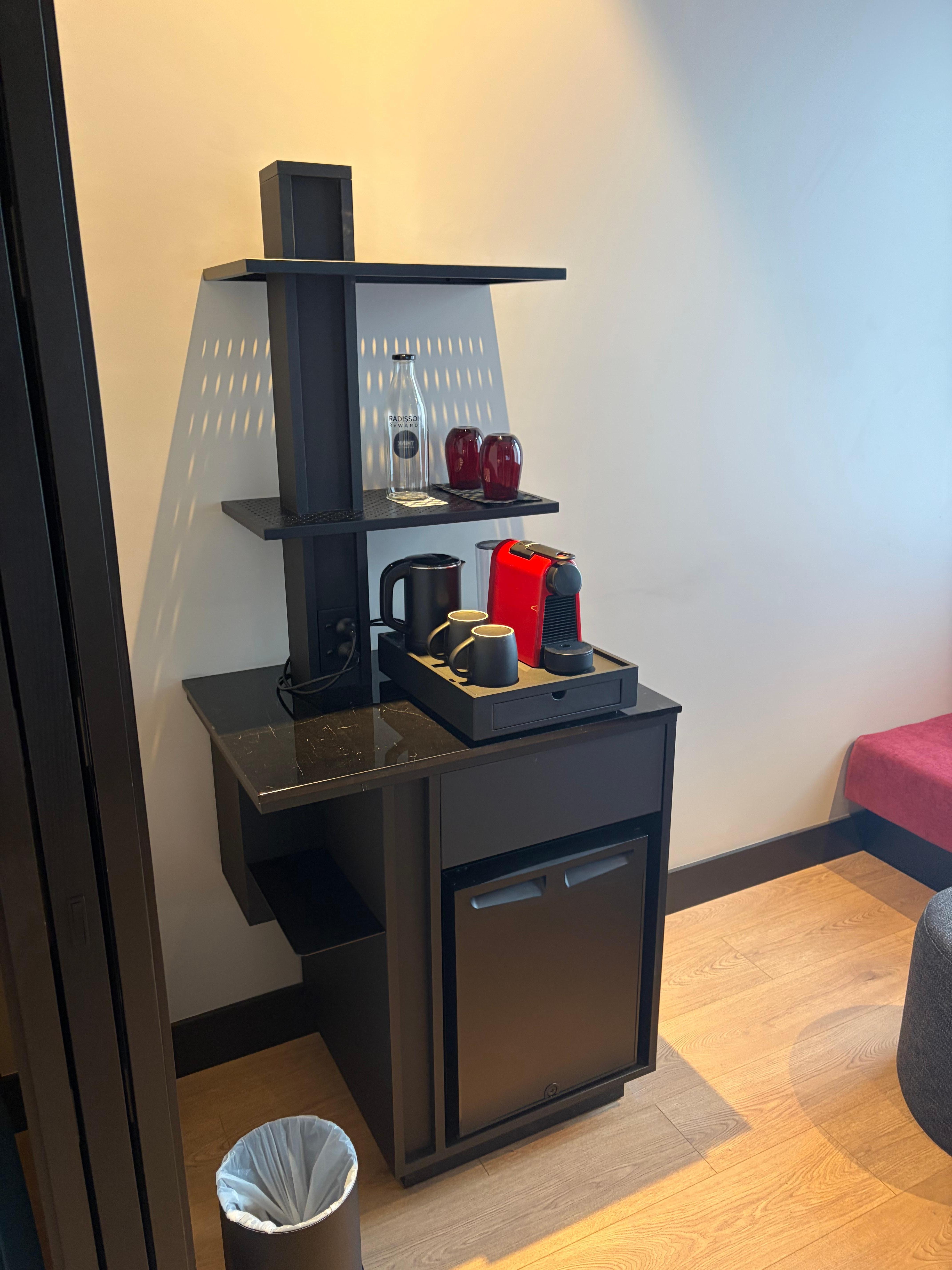 Drinks station with coffee pod machine & fridge