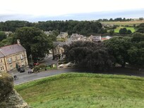View from the castle of the hotel and pub between the castle and the river