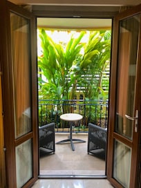 Vista do jardim e piscina, na verdade é de frente para piscina e o verde está justamente para ter privacidade.