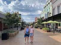 Jeanette and I on Mill Street plaza under a gorgeous sky in Grass Valley.