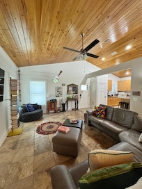 Super comfy living room, vaulted ceilings are beautiful