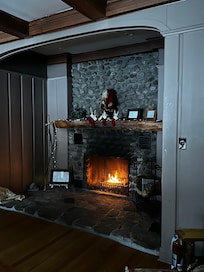 Cold and snowy outside, but warm and cozy inside Brookside Cabin