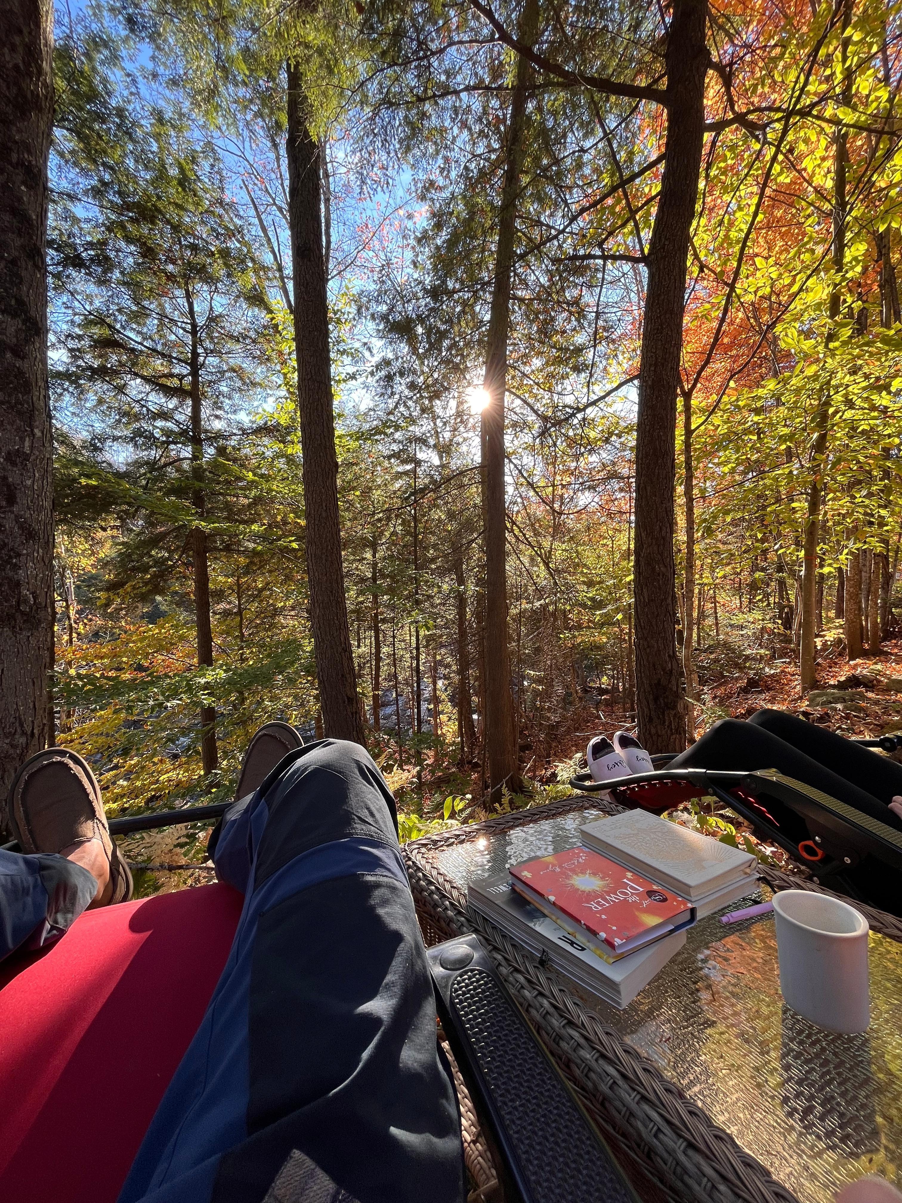 Relaxing on our balcony, above the river and only a few steps from the spa!
