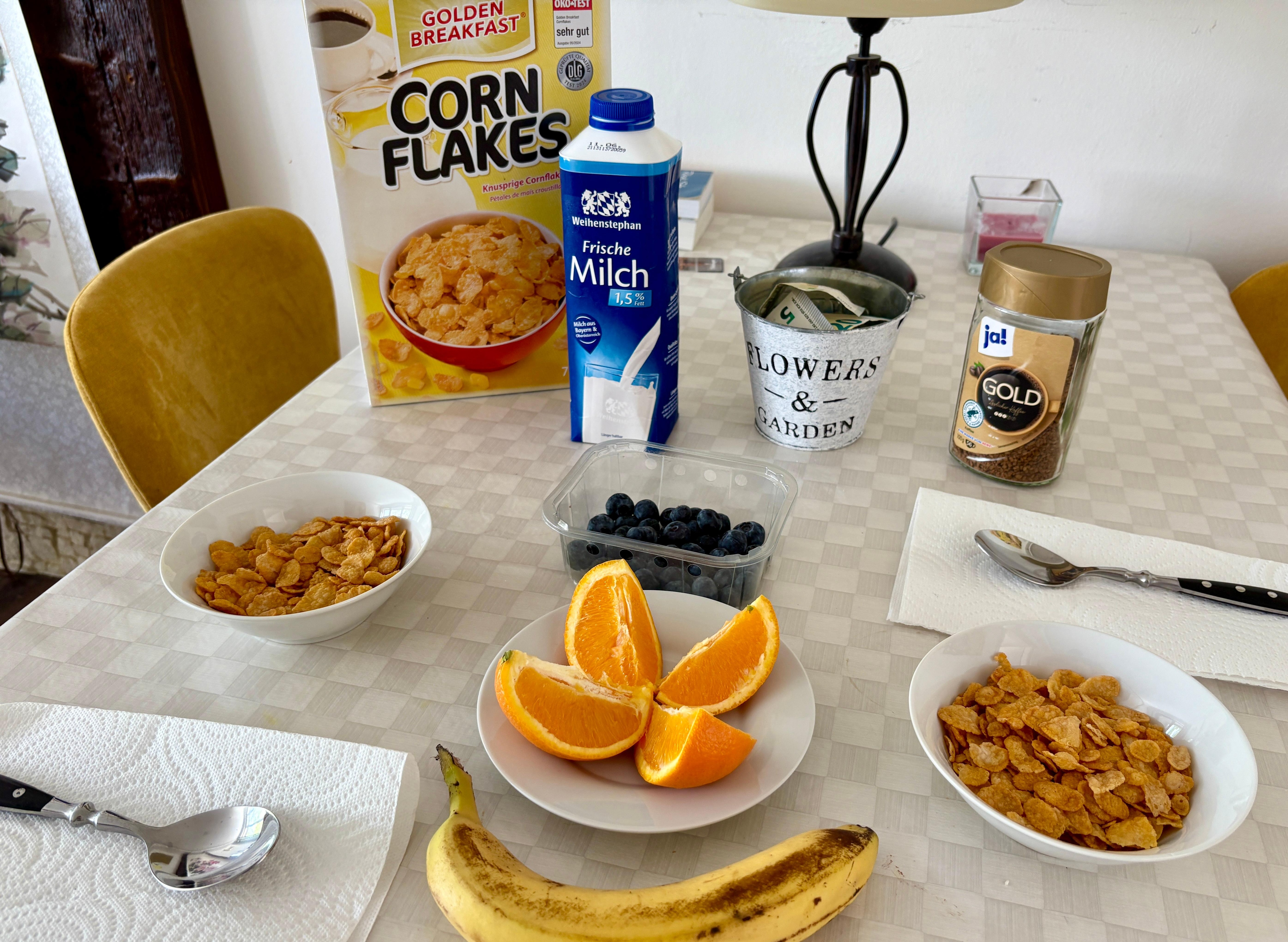 two groceries stores, a high end store with a bakery, and a discount store (Norma) make it easy to eat in, saving money for other activities.