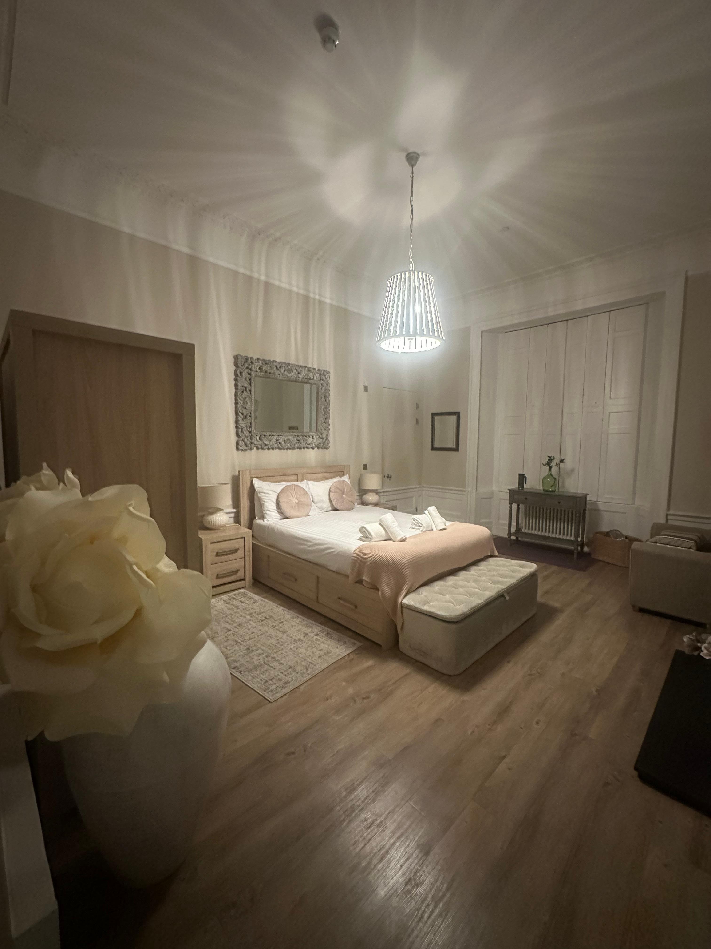 bathroom in back corner of this room