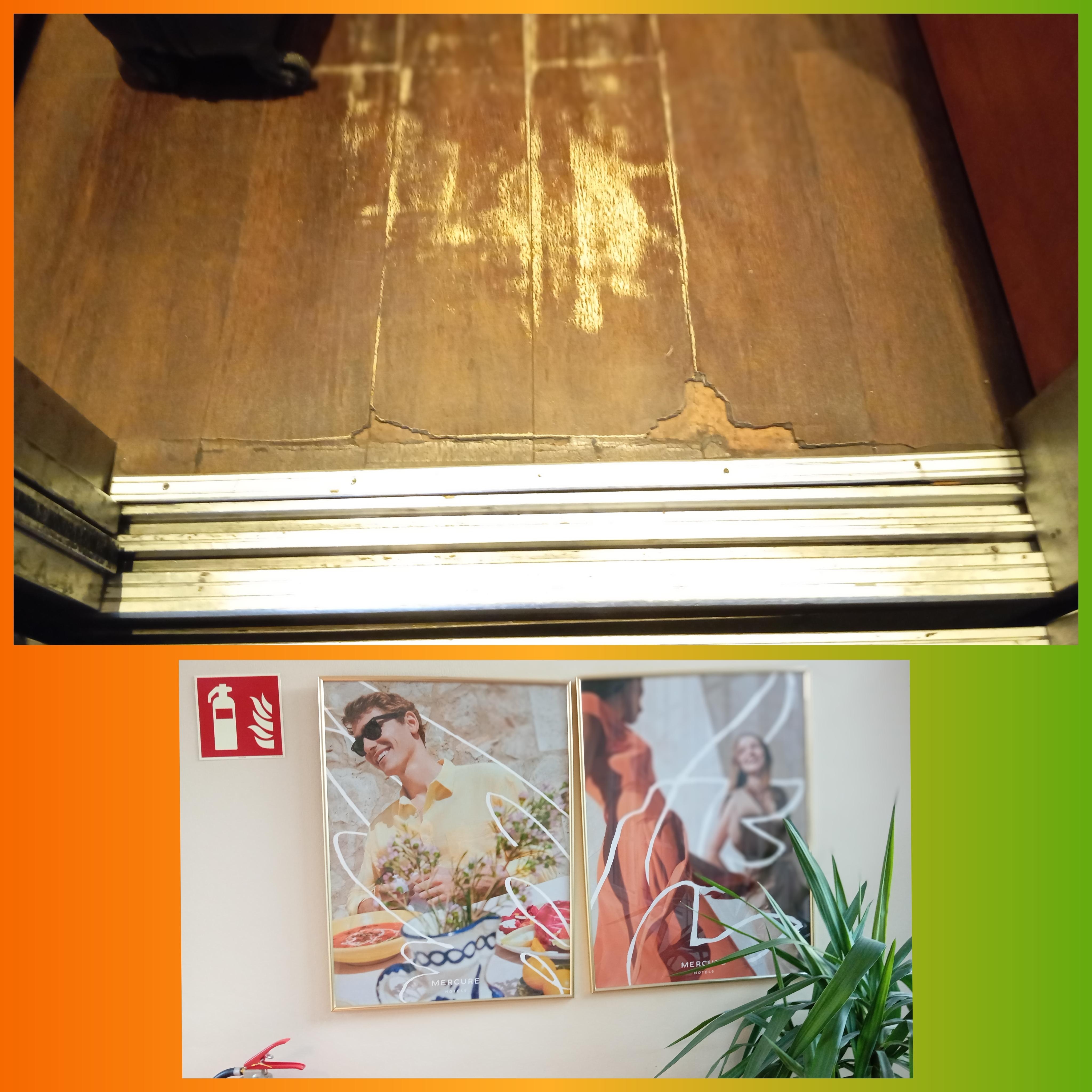 Worn floor in lift. Wall art in the communal corridors appeared dated and hung askew.
