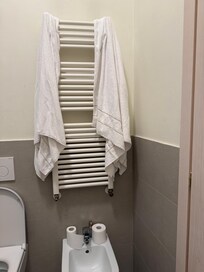 Non-working heated towel bar. Not near sink or shower.