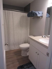 Roomy bathroom with nice shower-head and good water pressure.