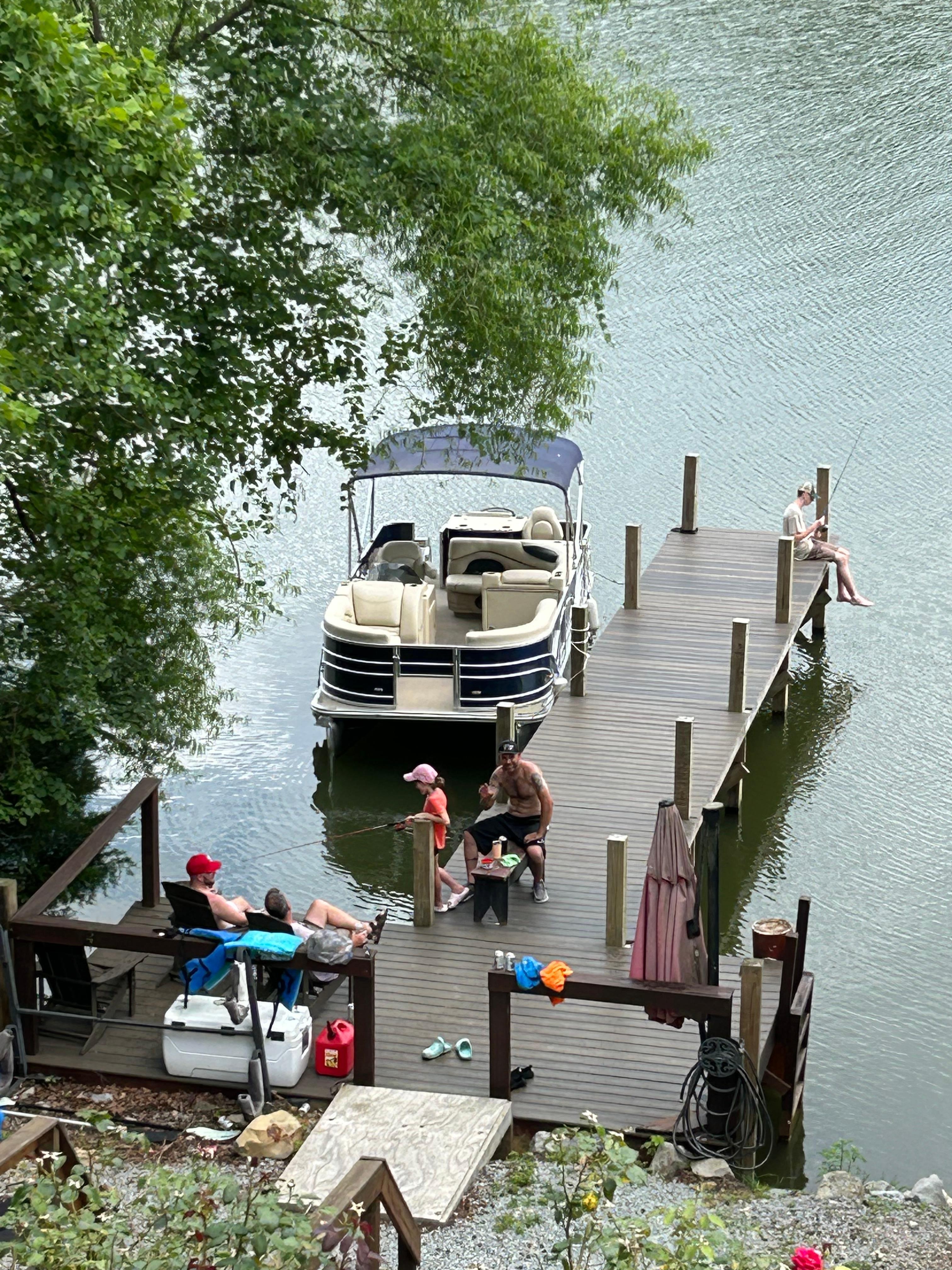 fishing from the dock. Caught some little fish. Pontoon rentals at Blue Water Marina & RV park right up the river/road. close by. Can do daily or weekly rentals.