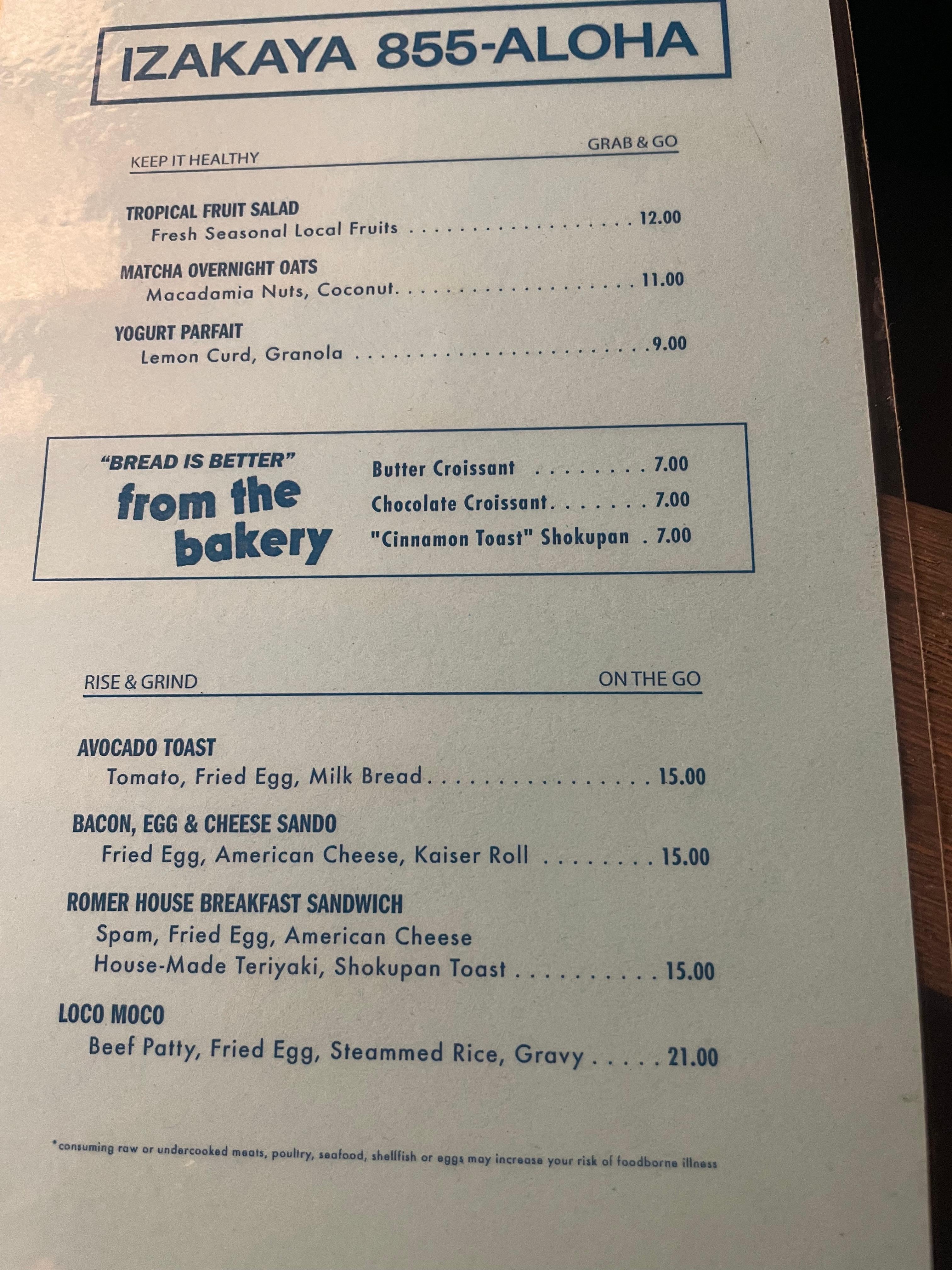 Breakfast menu