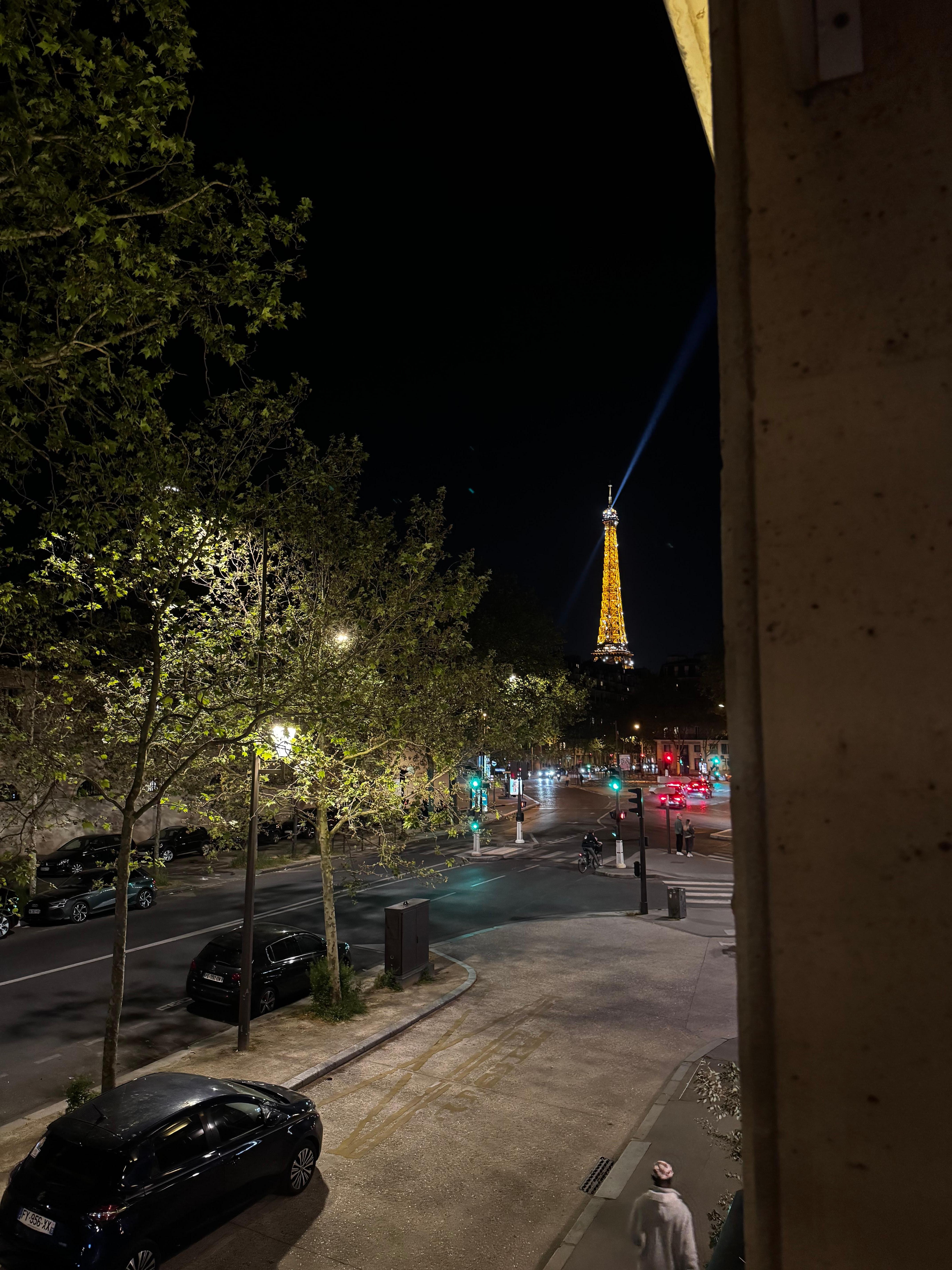 View at night outside one of two windows of tower 
