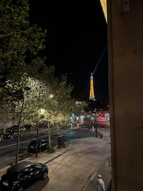 View at night outside one of two windows of tower