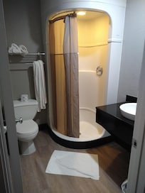 Shower handle was a little hard to pull out to turn the water on, but the shower design was clever. It made the bathroom and shower feel roomier.