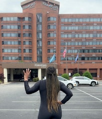 Outside the hotel heading to Kings Dominion!