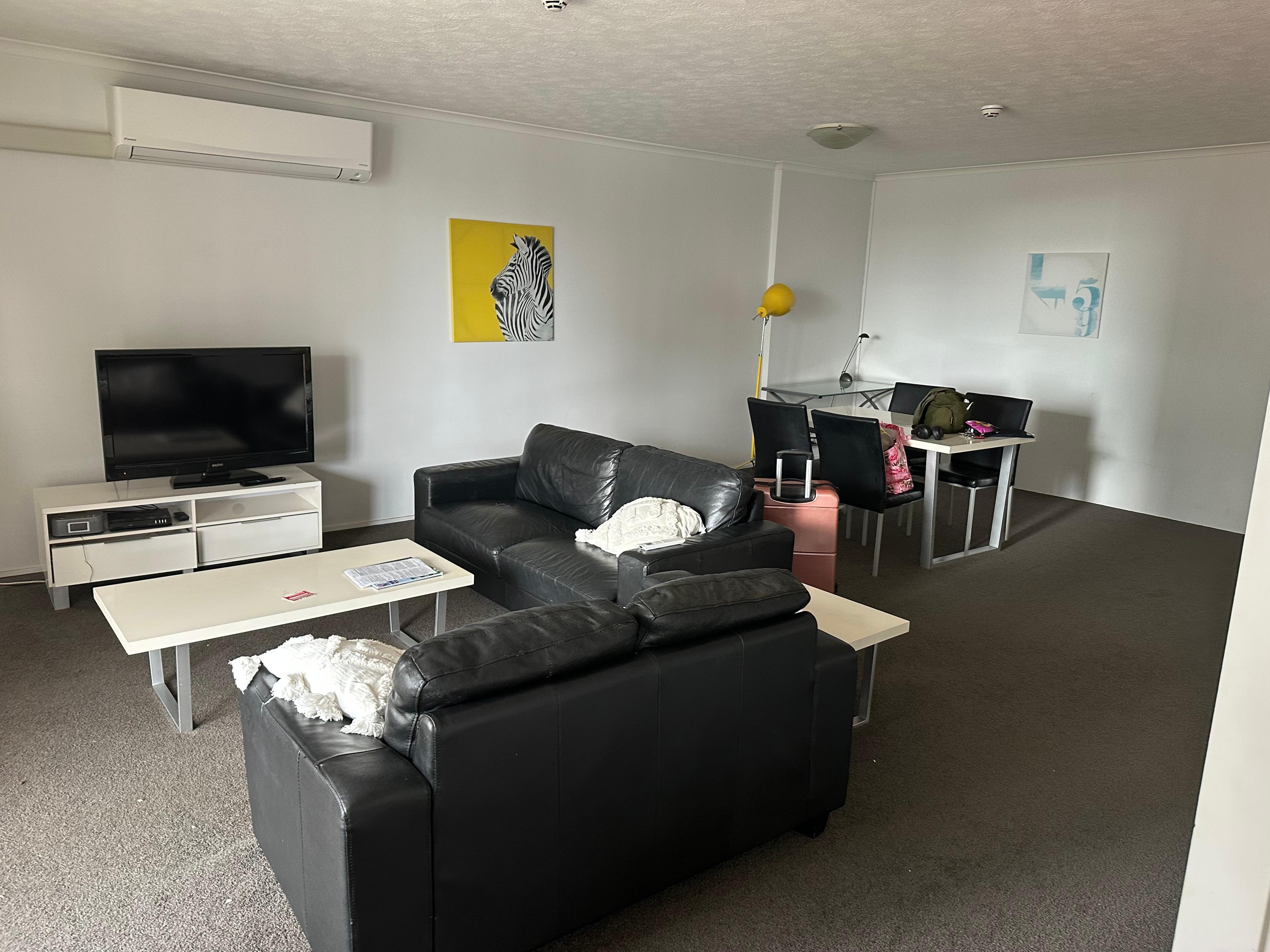 This was taken at checkout as I wanted to be sure to get my deposit back. I washed the mat on the floor, all the throw pillows, blankets and sheets again as it just felt unclean. The couches sink and the leather is peeling off. 