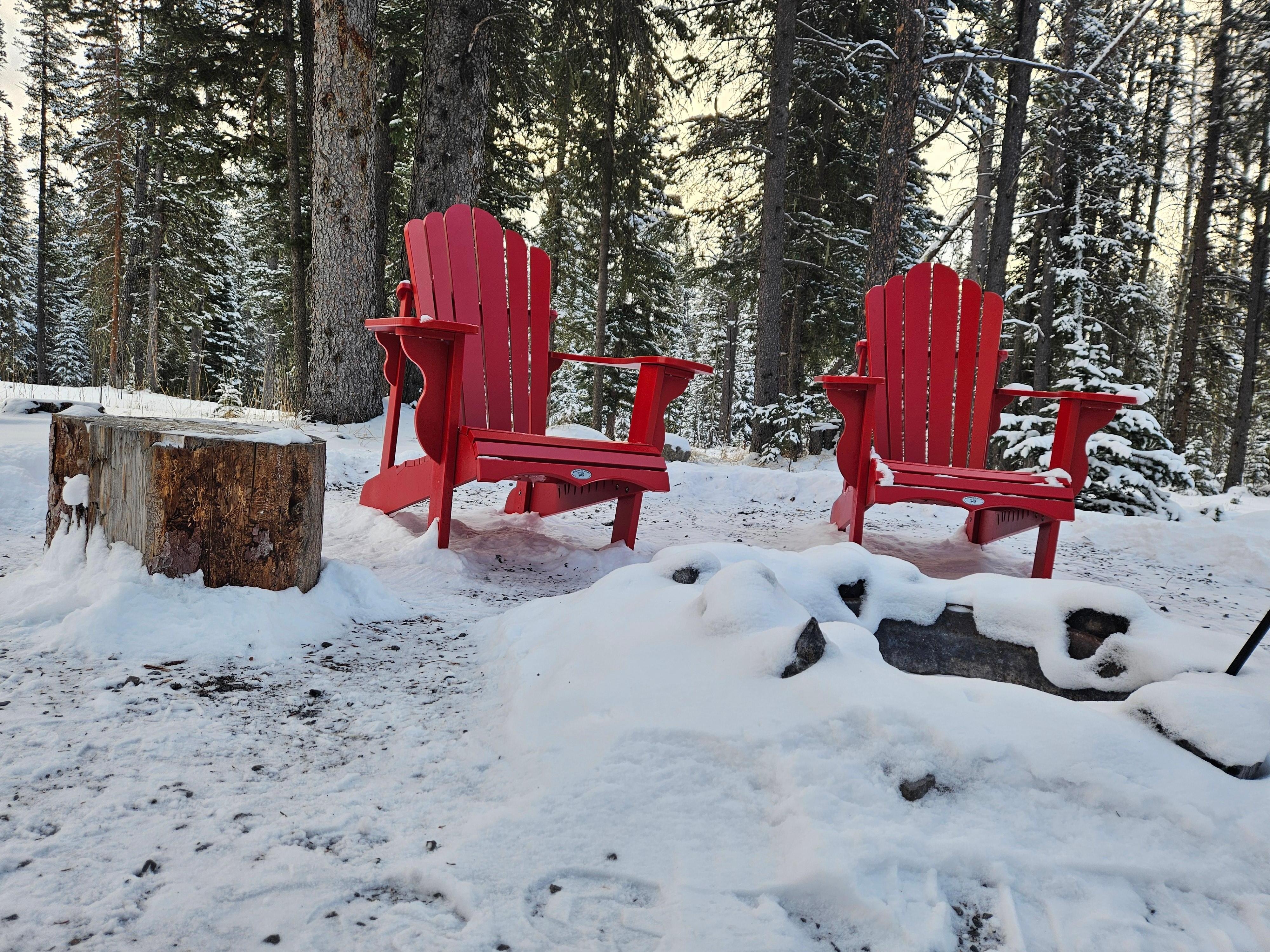 Chairs cleaned of snow and ready for a winter fire 