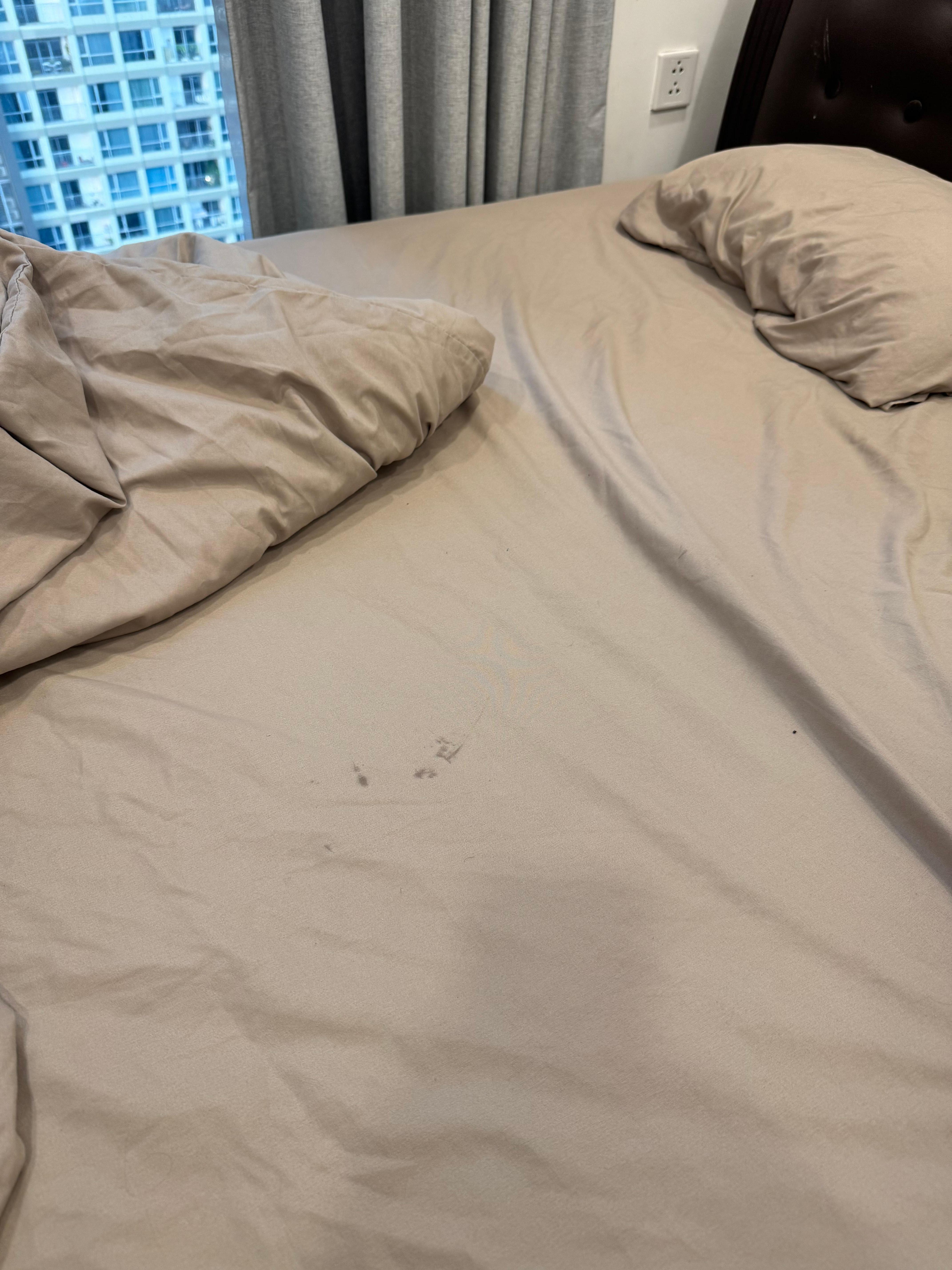 Bed sheets provided are stained of some sort of blood