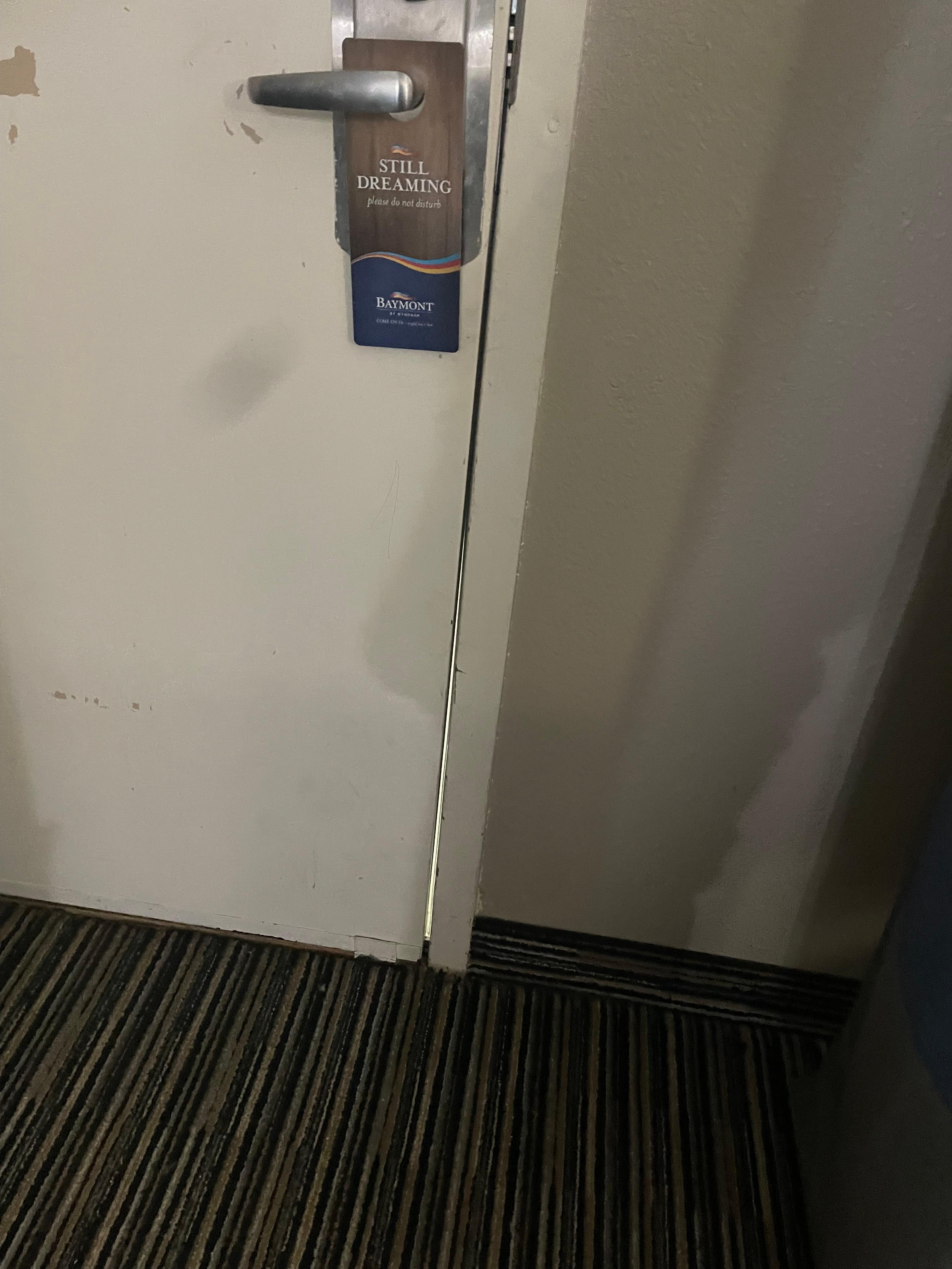 Gap in door. Had to poke towel in the door because of cold air from outside. Guy at front desk had to come bang on broken door/lock to get it open multiple times. 