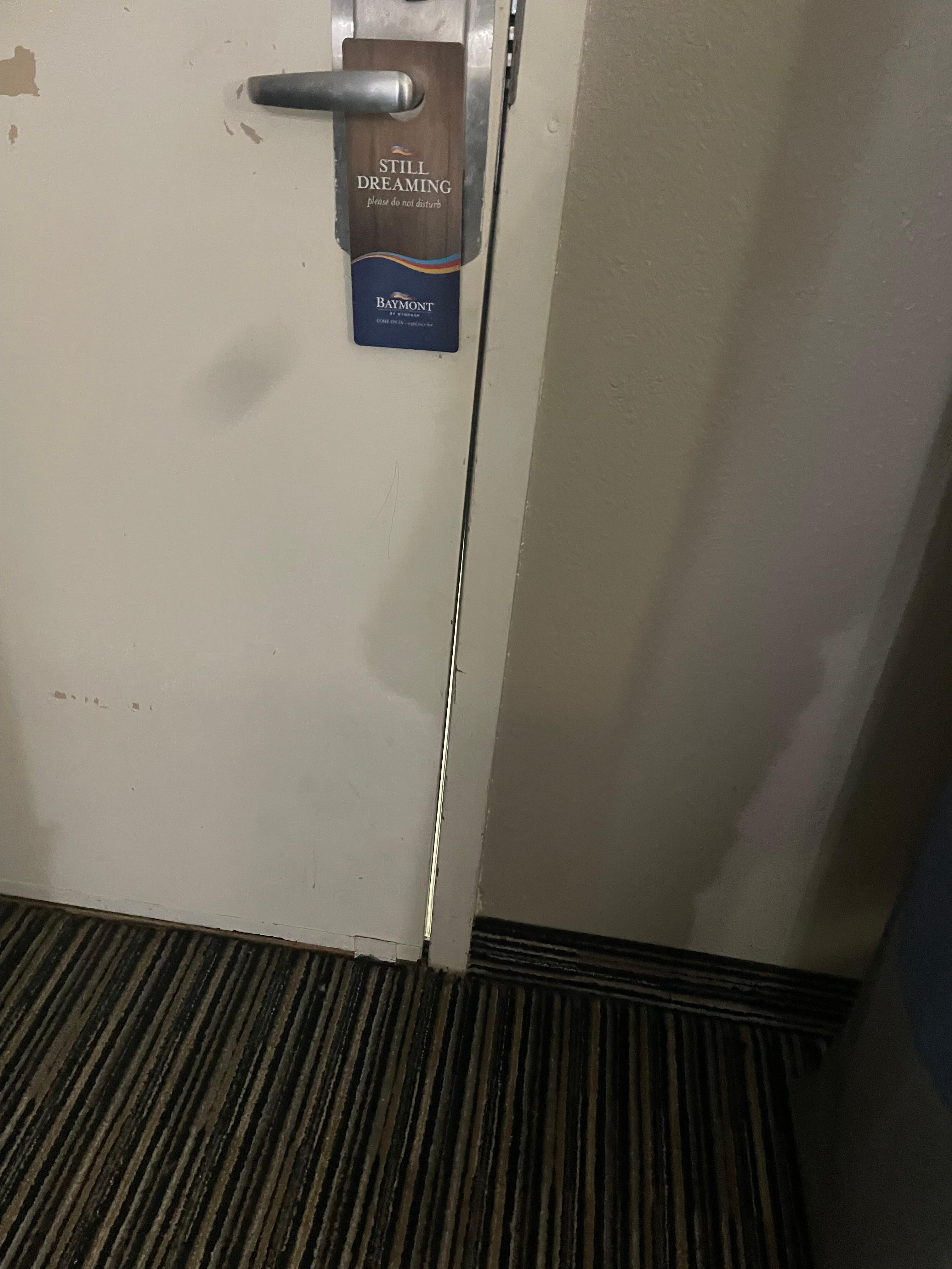 Gap in door. Had to poke towel in the door because of cold air from outside. Guy at front desk had to come bang on broken door/lock to get it open multiple times.