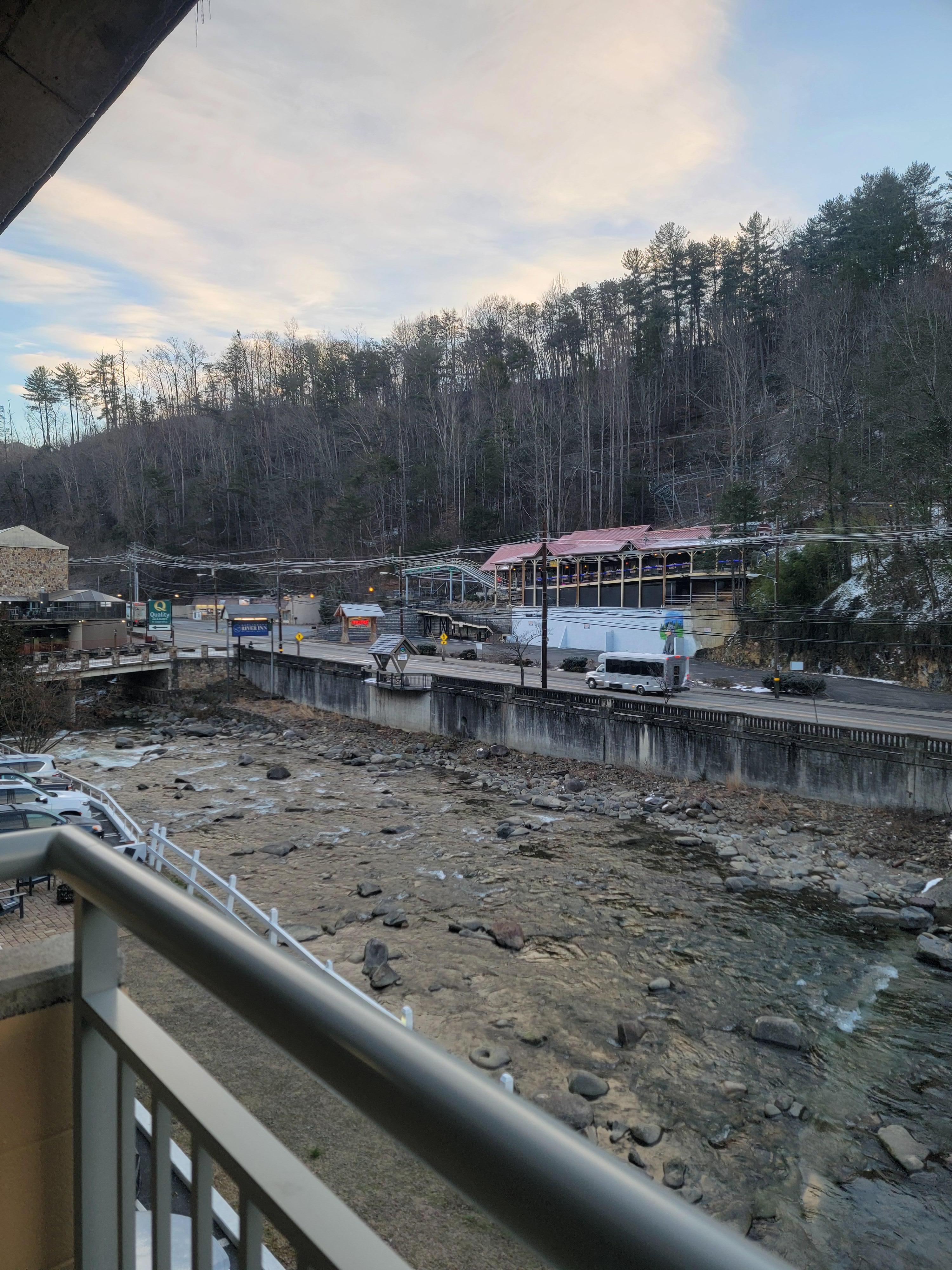 Balcony view and trolley pick up location. Mountain coaster with in walking distance was a plus for my family!