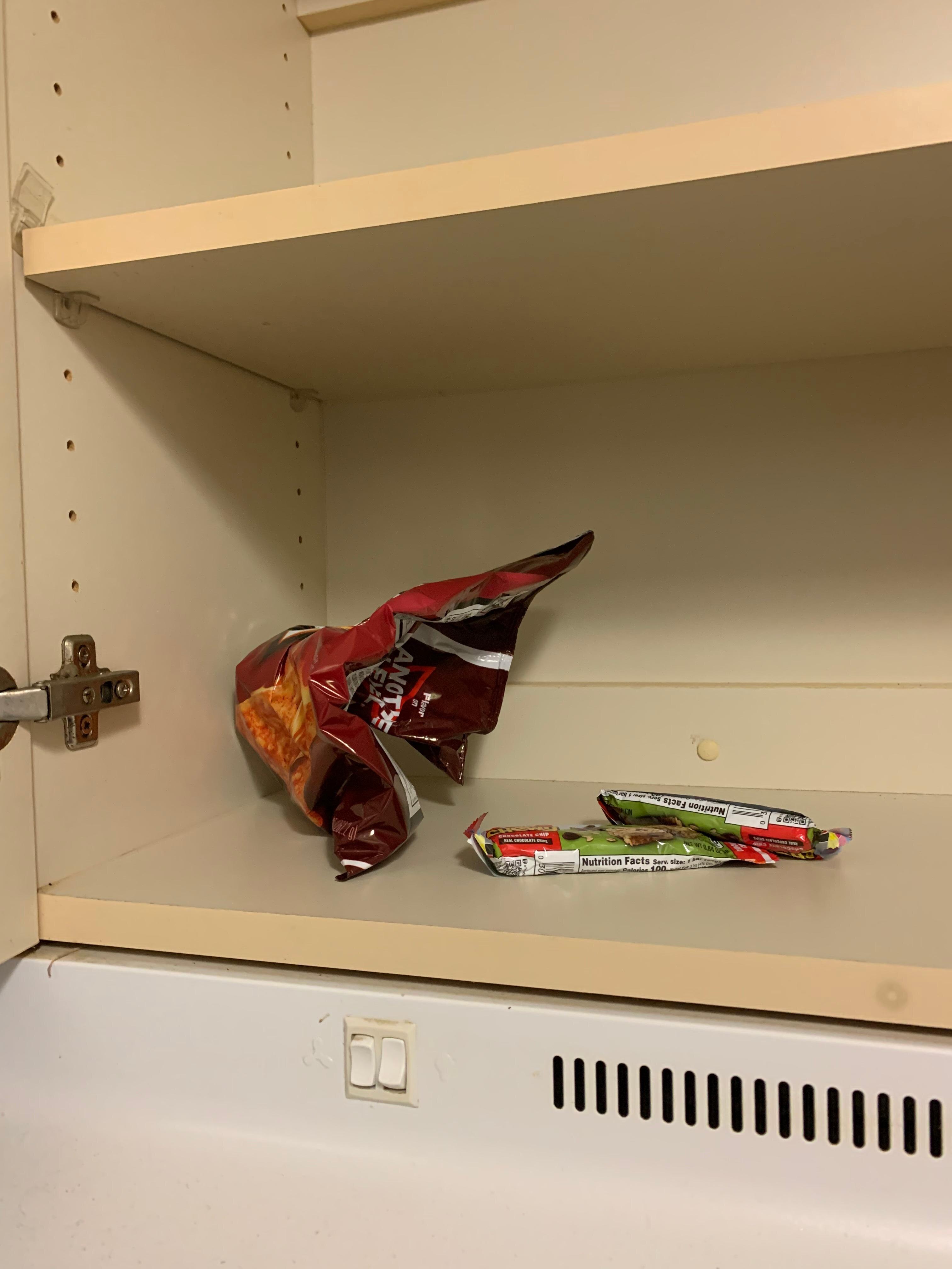 Food in thee pantry that was half eaten
