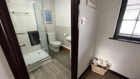 Very clean modernised en-suite. Shower pressure a bit low. Cold on arrival and took a while to warm up. No large Bath sheets only next size down.