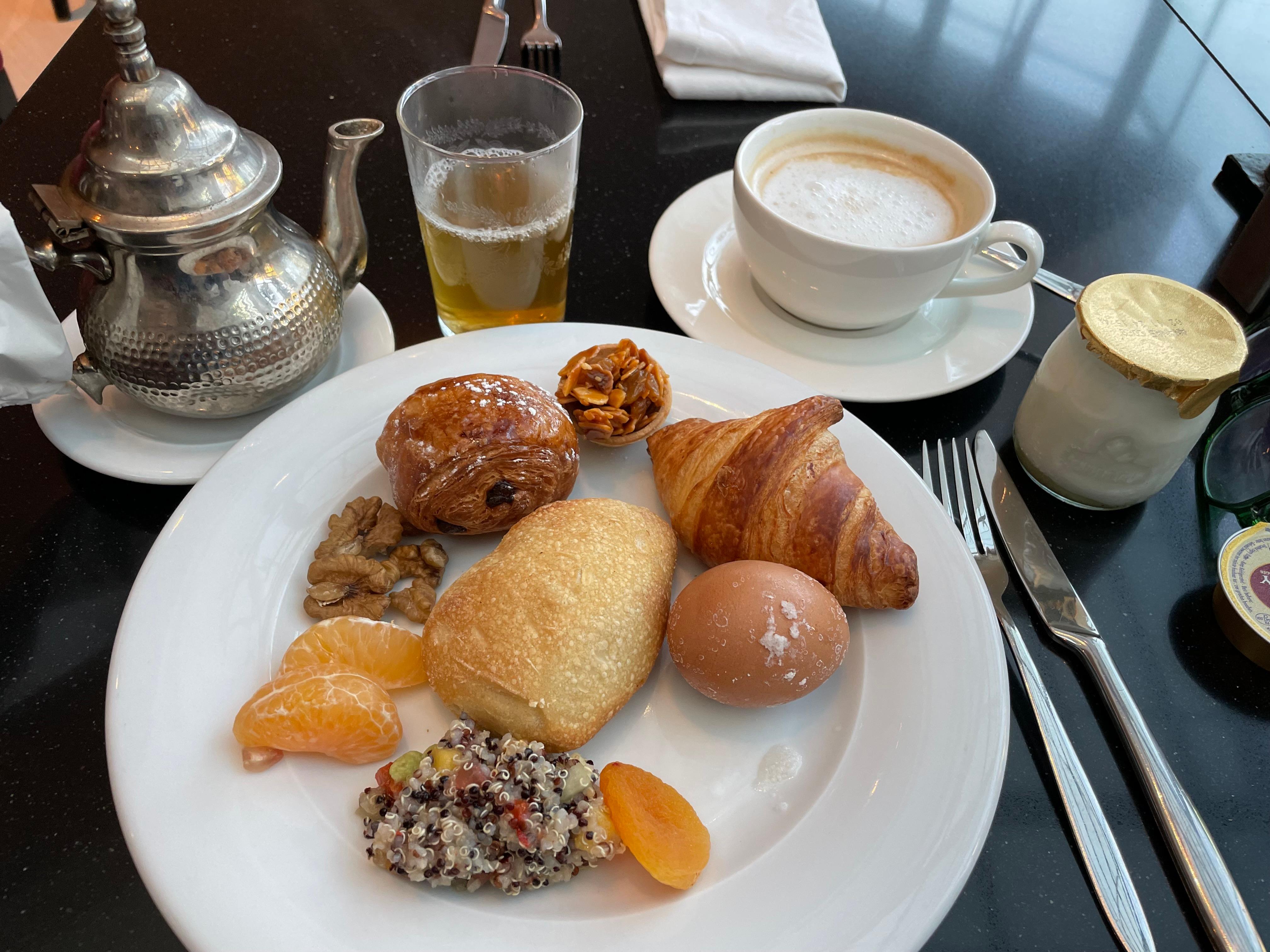 Breakfast with delicious Moroccan mint tea.