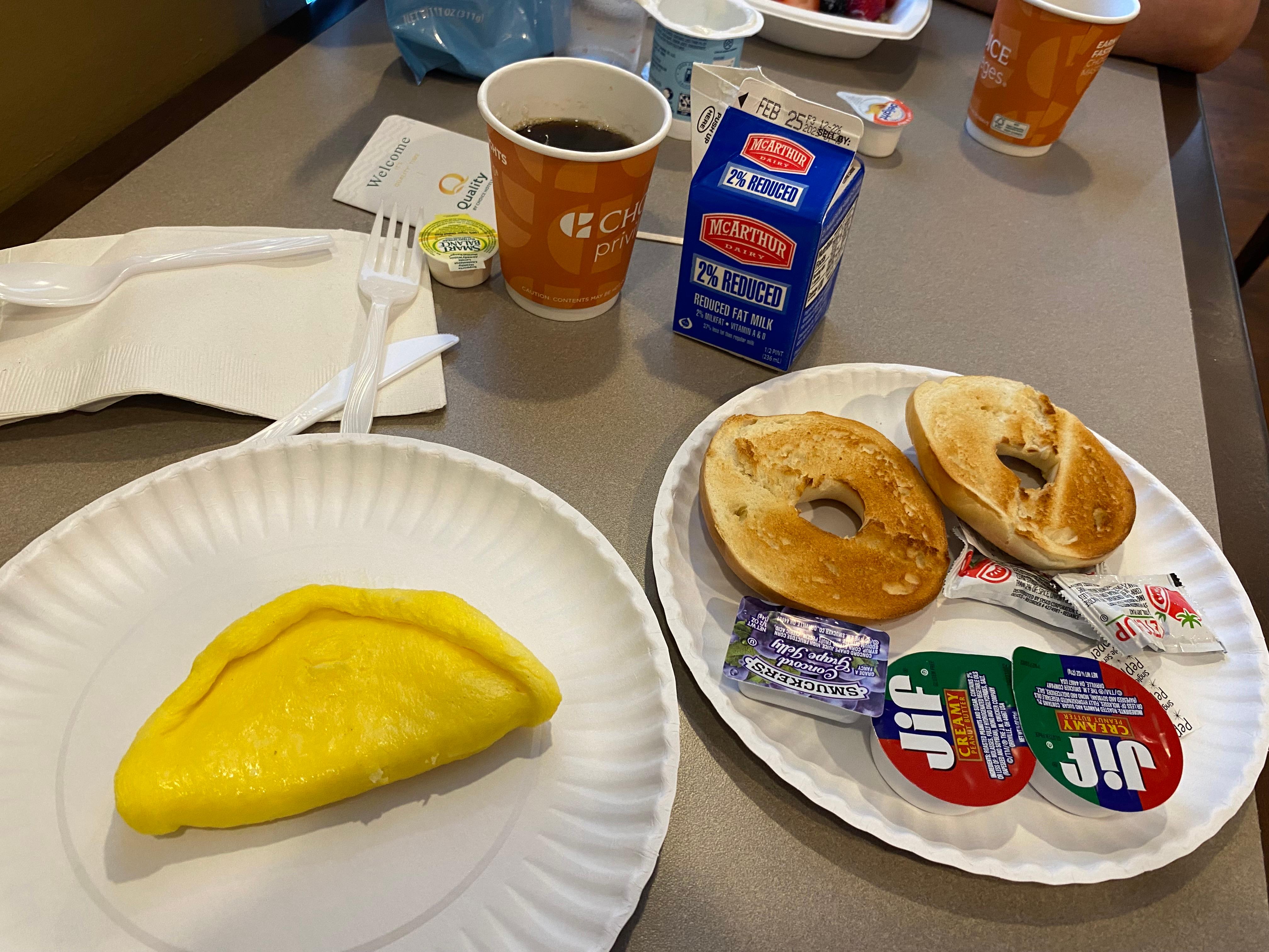 Rubbery, disgusting eggs but ok coffee and toasted bagel