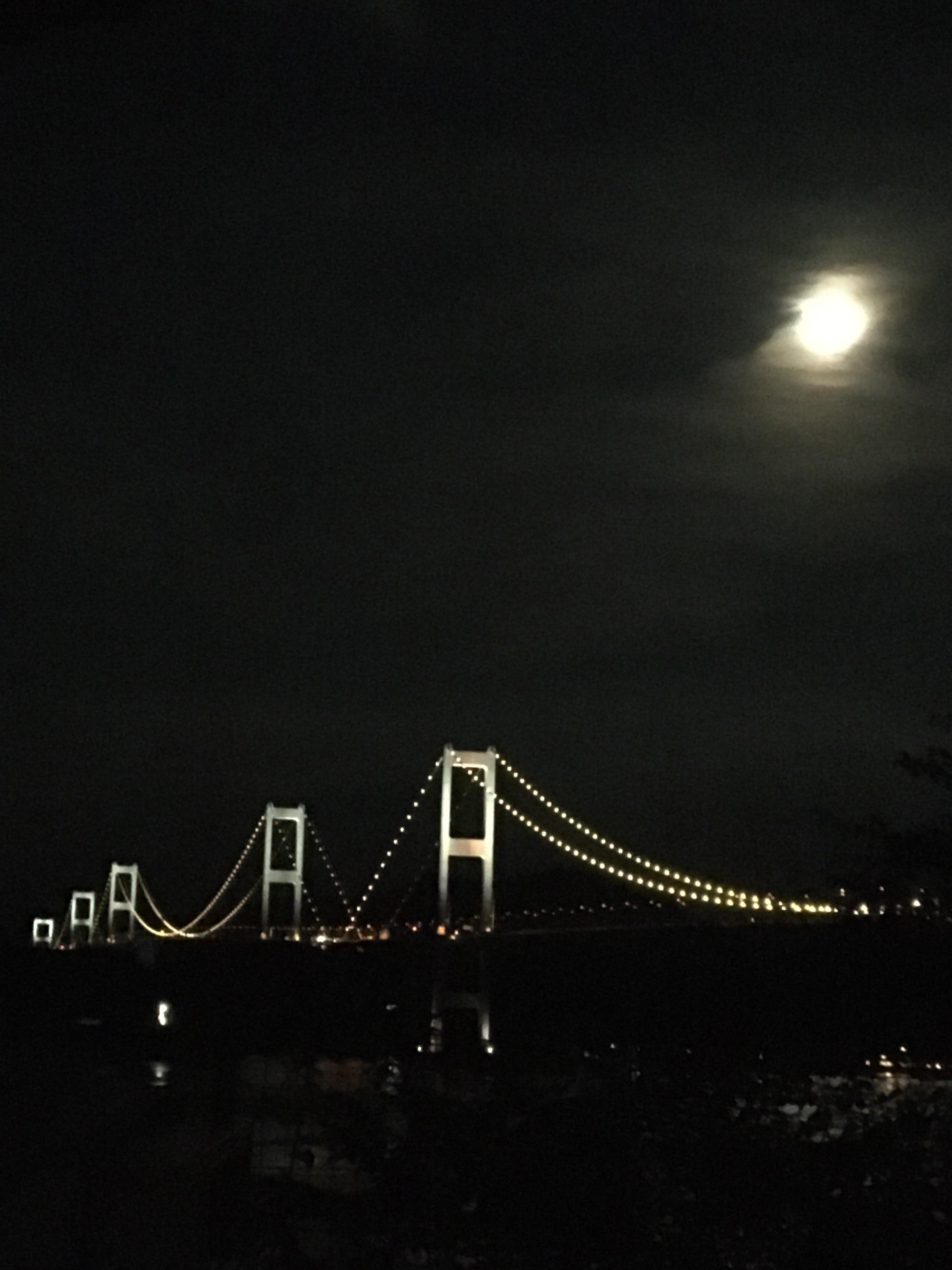 Night view of bridge from near the front entrance