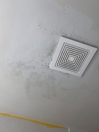 Visible water damage and mold in the ceiling of the bathroom. The smell was thick, like a flooded basement.