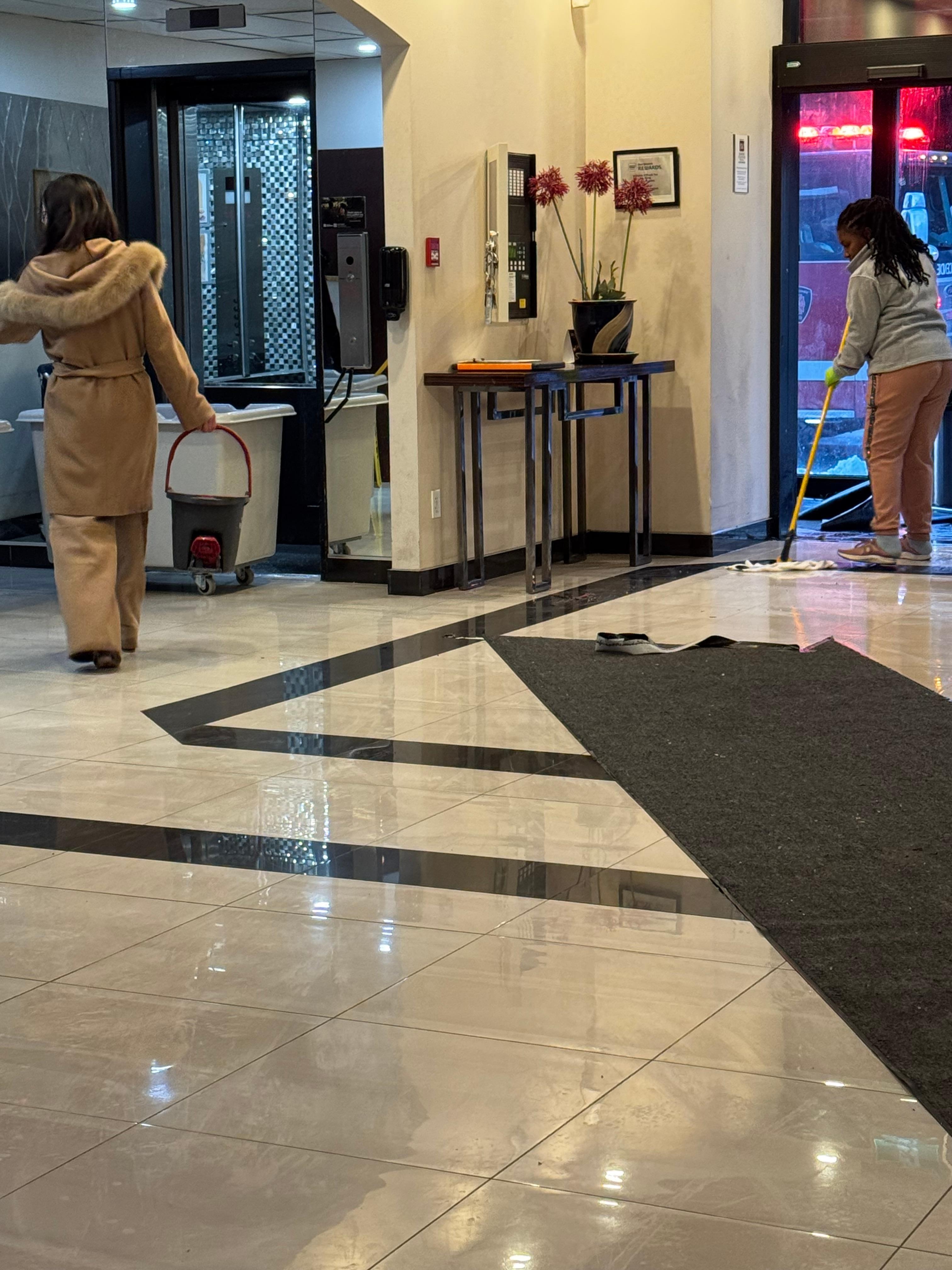 Staff was filling buckets and elevator was also flooded and they put a trolley to fill