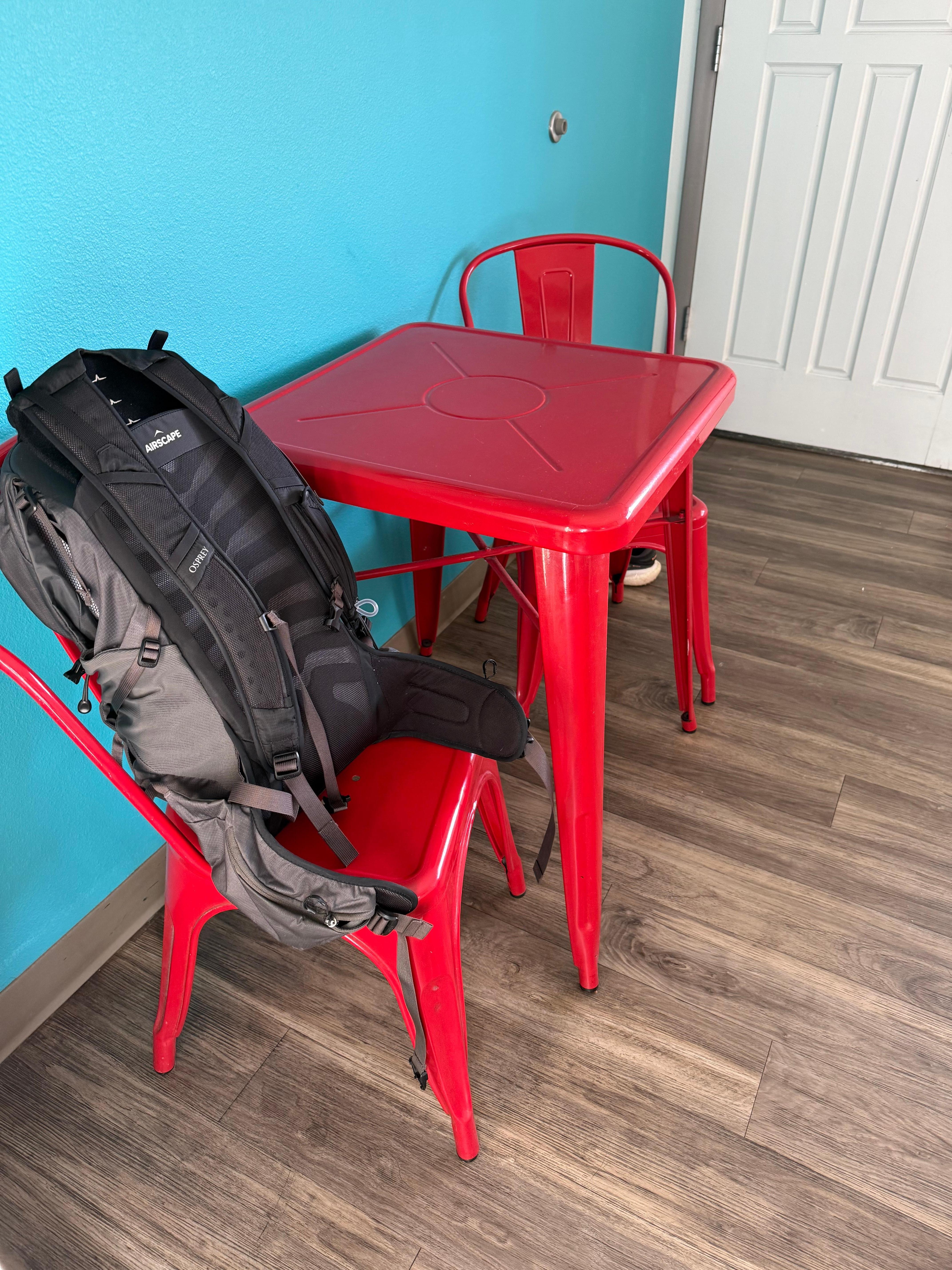 Metal table and chairs, not comfortable