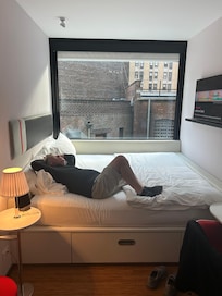 One bed pushed against window. All rooms the same.