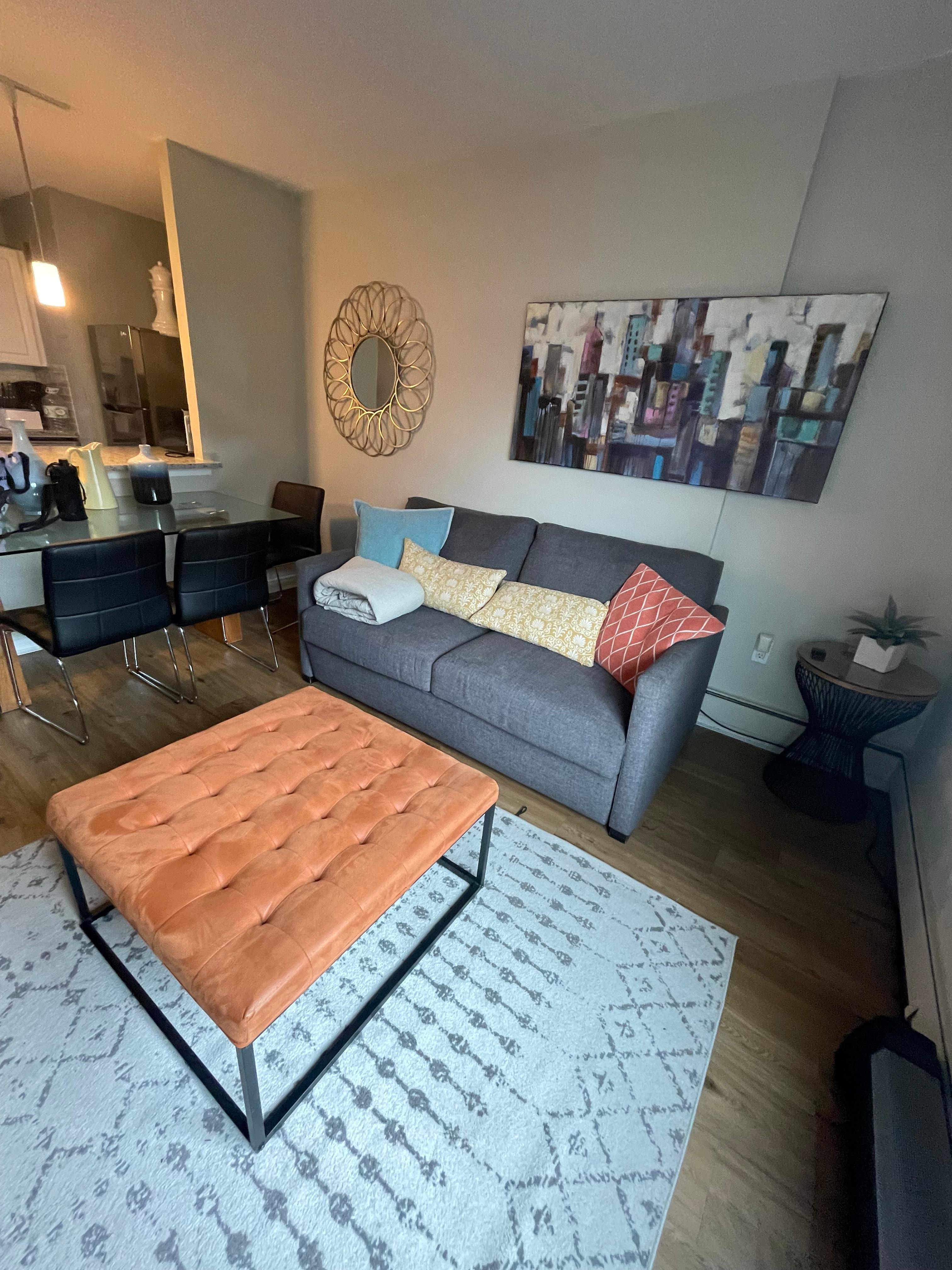 Living room with sofa, bed, pullout couch.