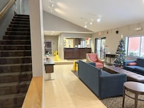 The only way to reach the second floor is via the stairs on the left.