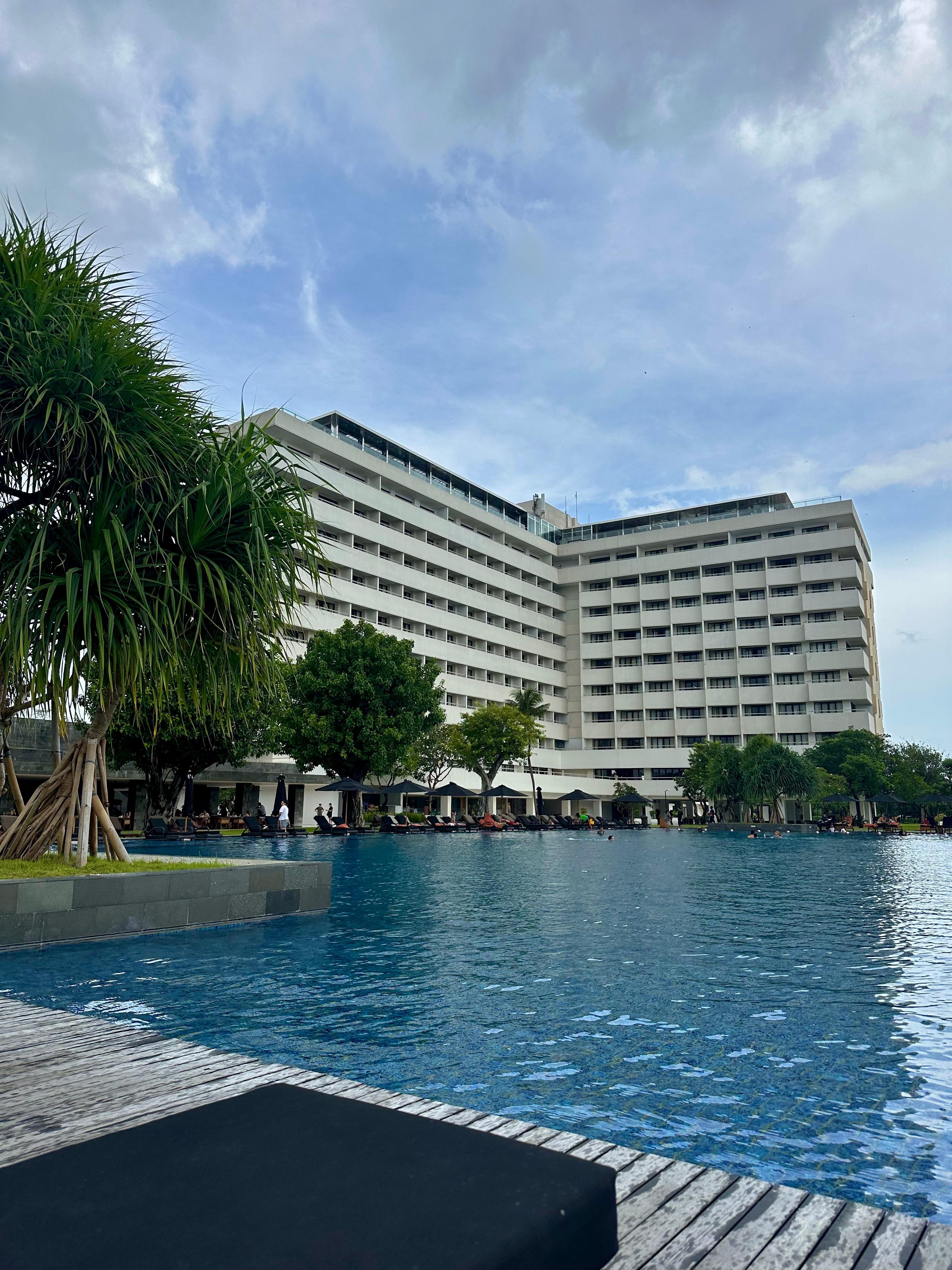 The hotel block pictured from the pool.
