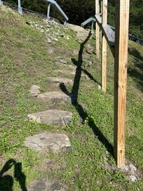 Steep path with missing stone steps on bank up from the pond.