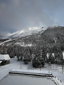 Views of the tram, lift, and ice rink from our room. Spa facilities are to the left.